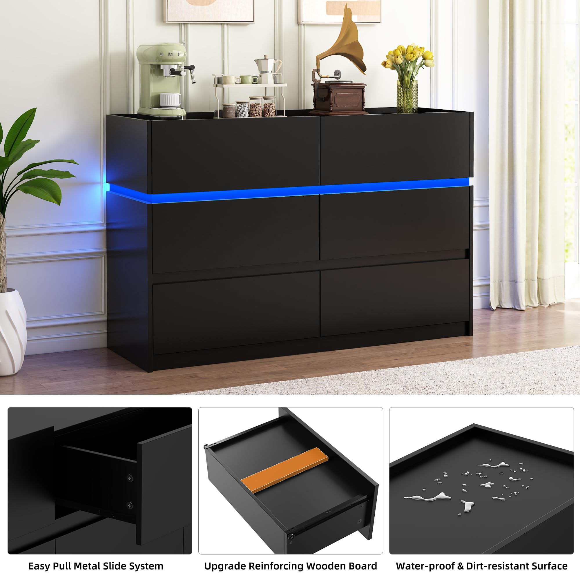 6 Drawer Dresser with Charging Station and LED Lights