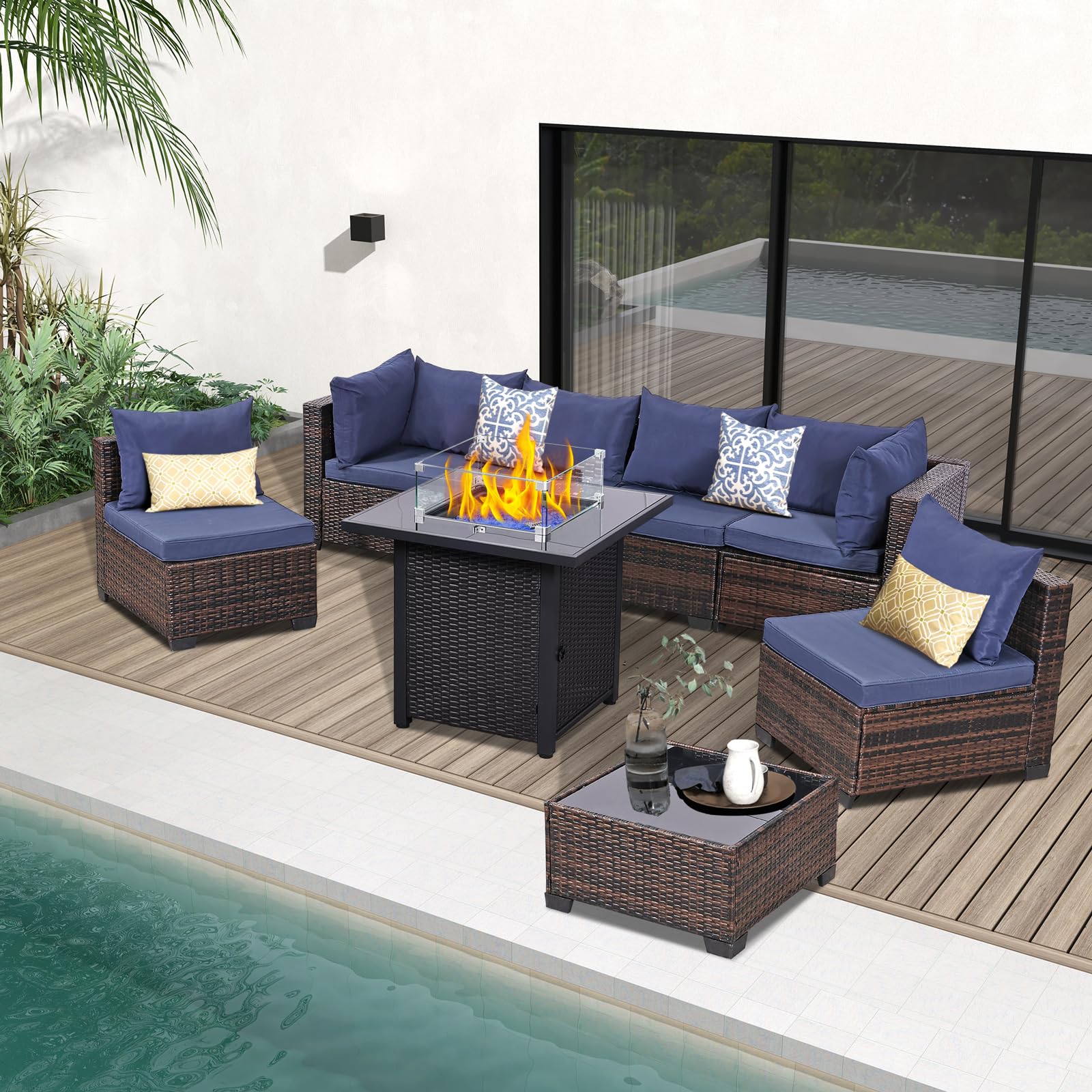 8 Piece Patio Furniture Set with Fire Pit Table