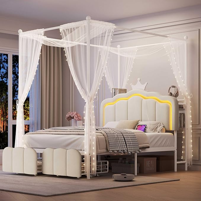 Full Velvet LED Canopy Bed with Storage