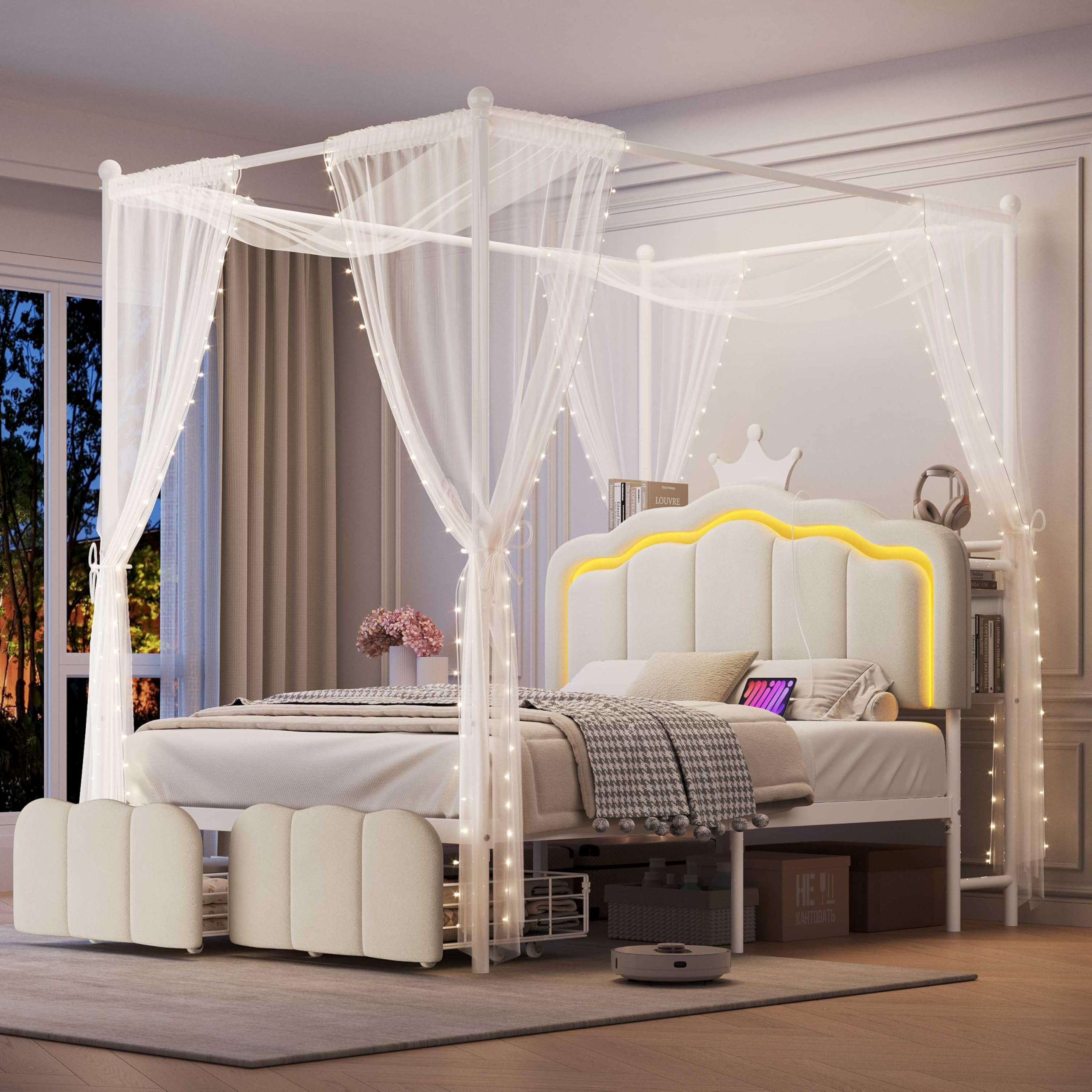 Full Velvet Upholstered LED Canopy Bed Frame with 2 Storage Drawers and Charging Station, Crown Headboard with Bookshelf, Two-Use Princess Platform Bed with 4 Removable Posts,Metal Slats Support-Beige