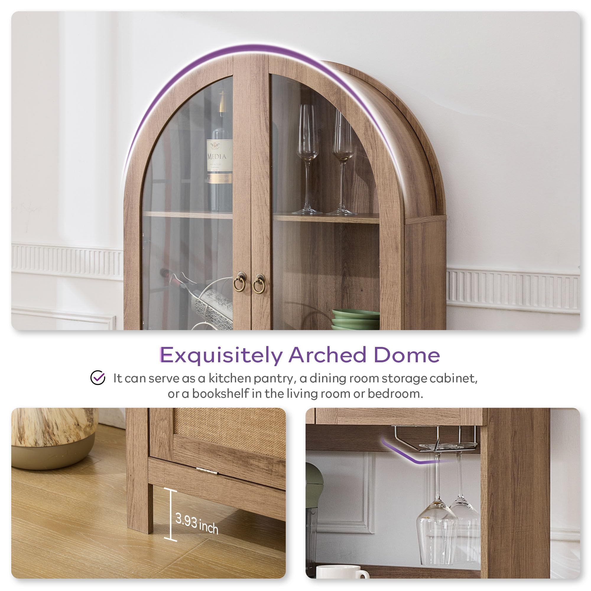 75" Tall Arched Pantry Cabinet with Glass Door