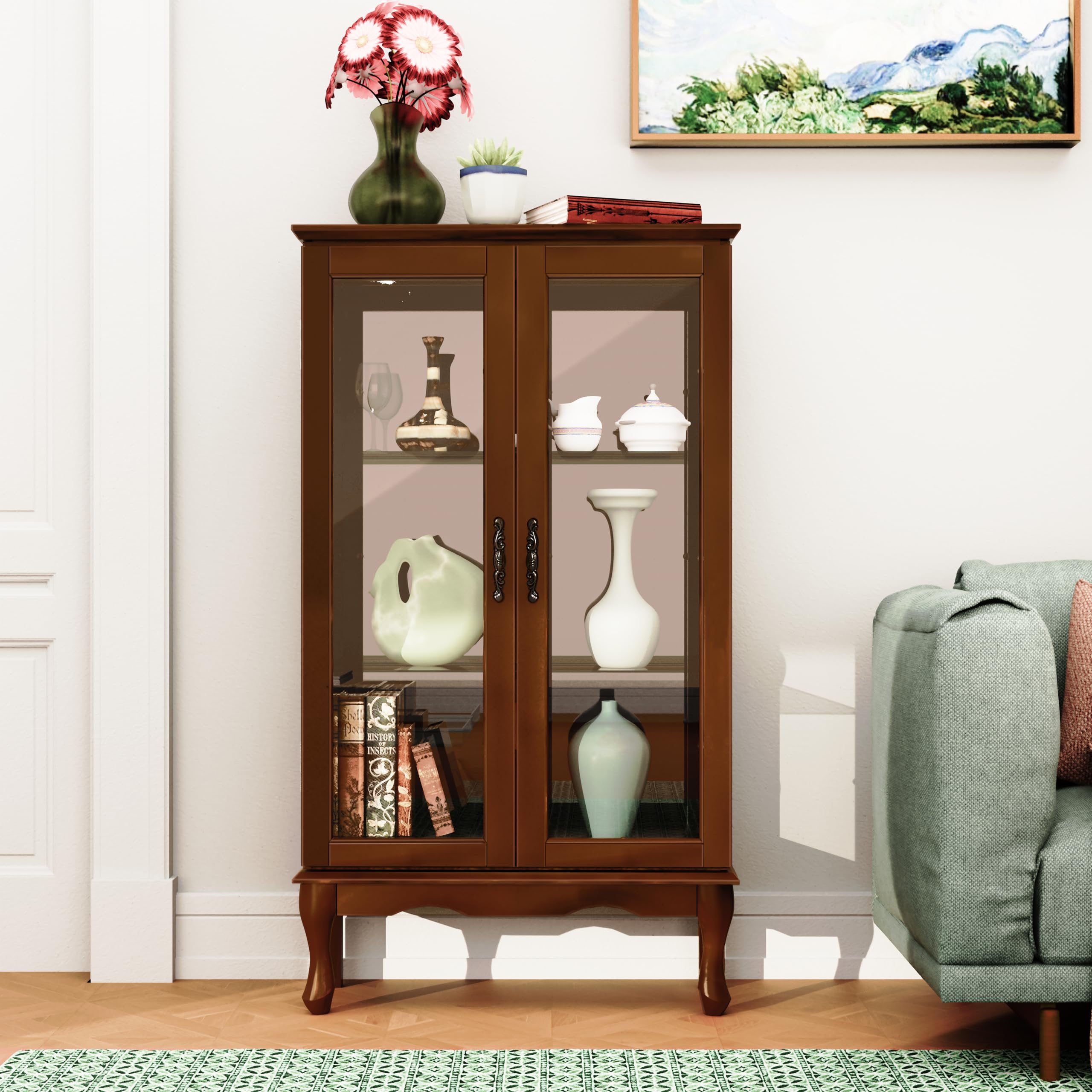 3-Tier Lighted Curio Cabinet with Glass Doors