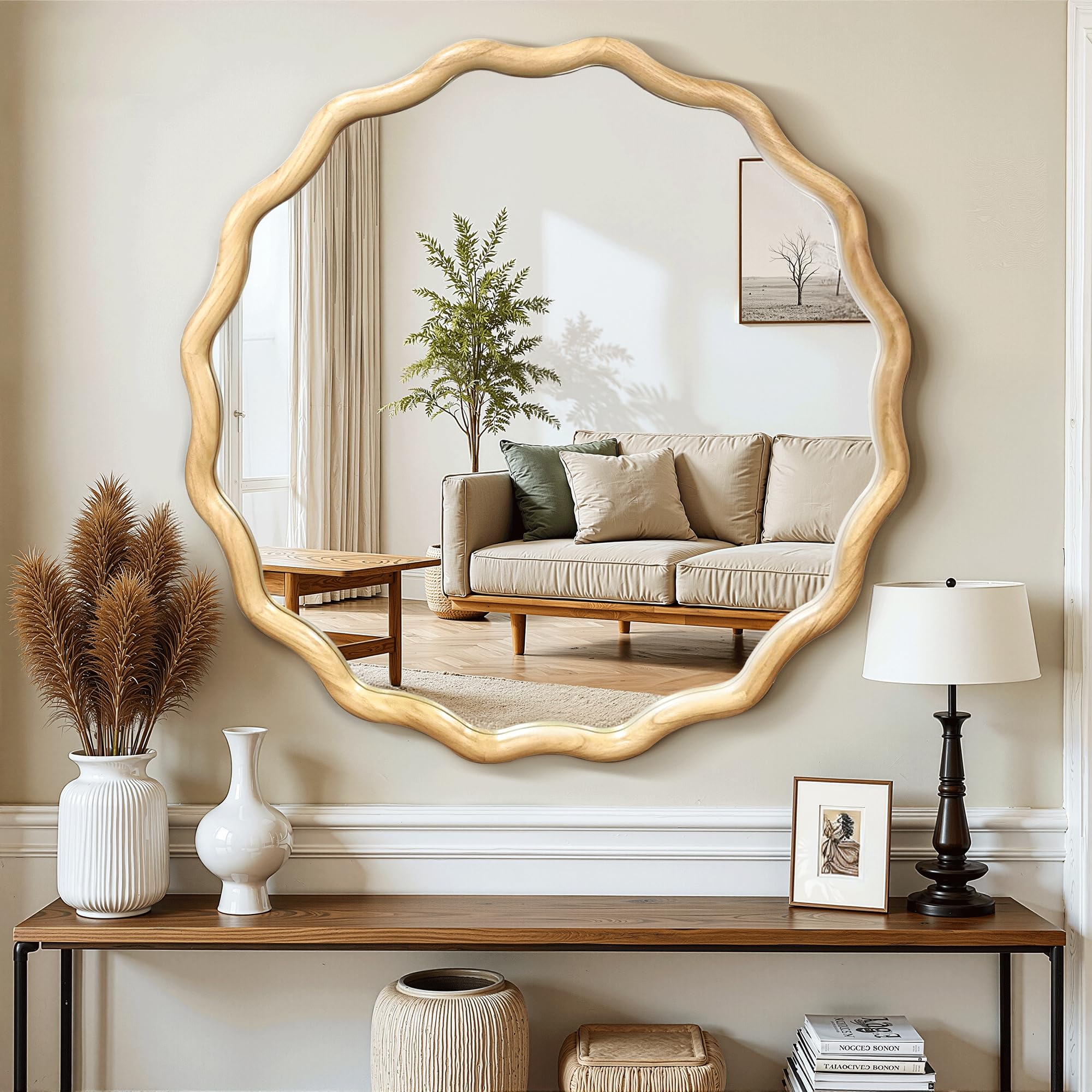 24" Wavy Round Wood Mirror