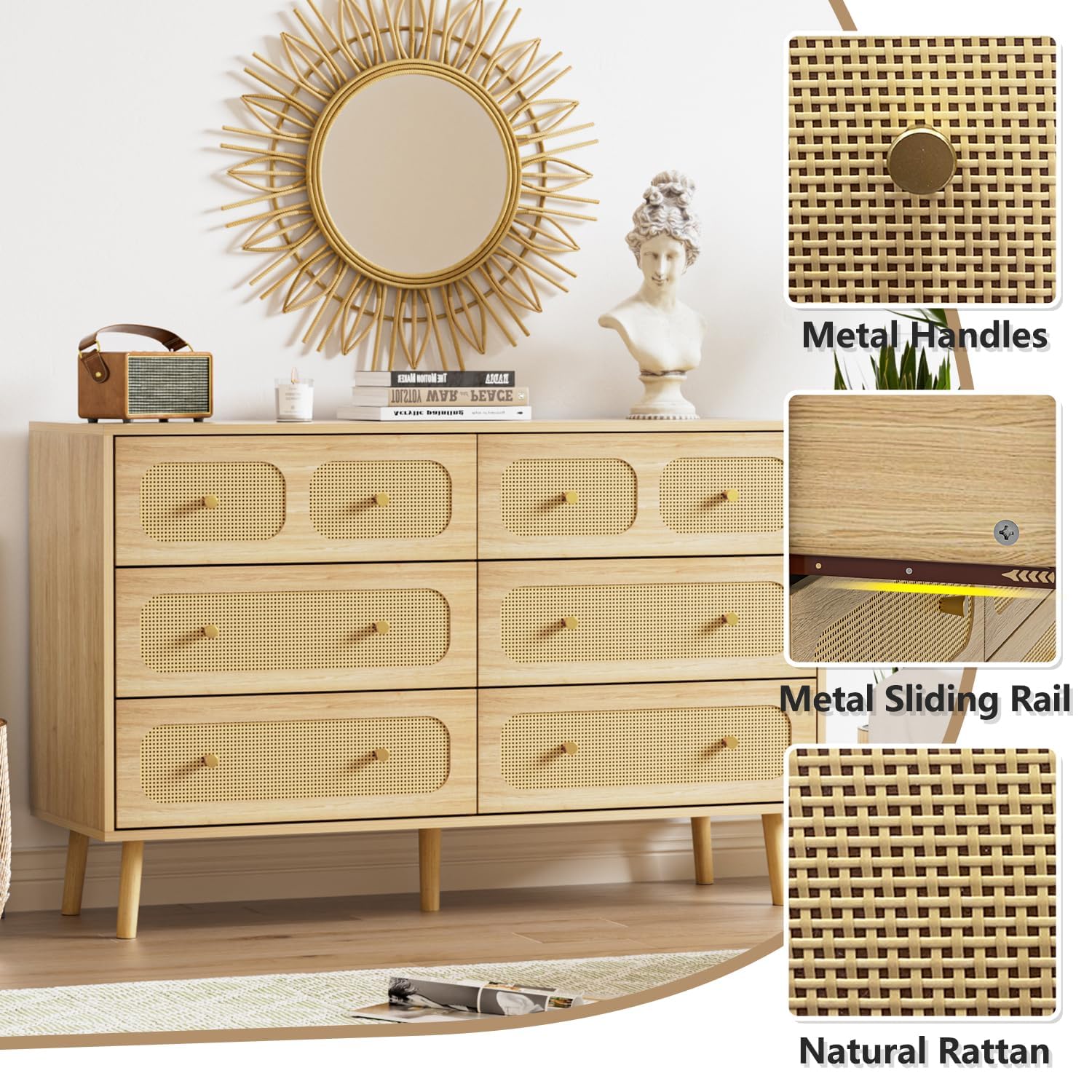Rattan 6 Drawer Dresser with Gold Handles
