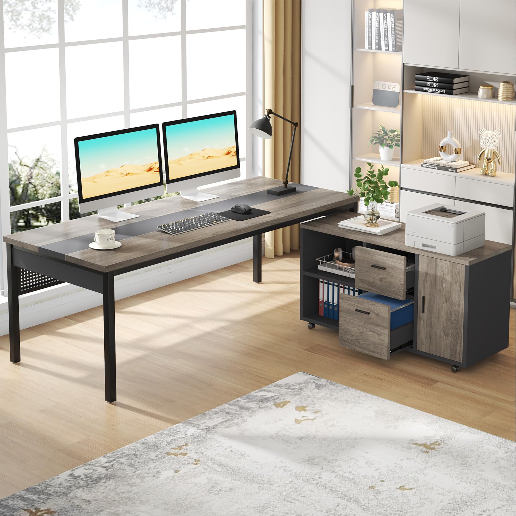 70.8" L-Shaped Executive Office Desk with File Cabinet Combo