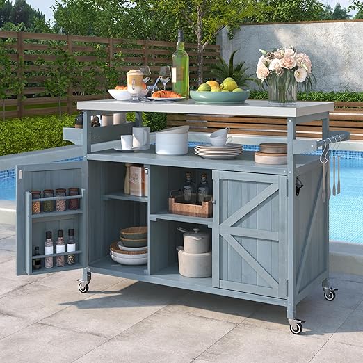 Outdoor Kitchen Rolling Bar Cart with Stainless Steel Top