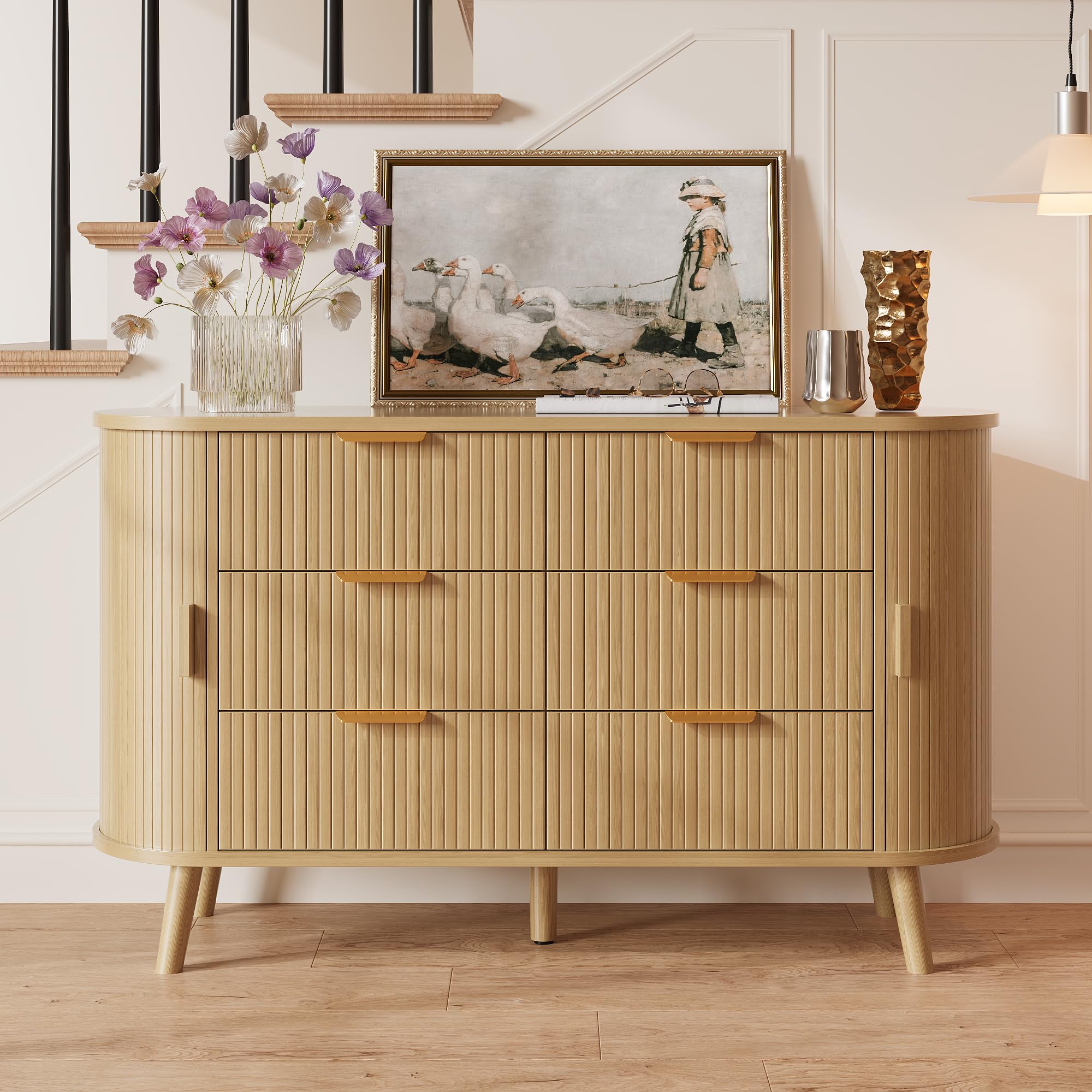 Fluted 6-Drawer Dresser with Sliding Door - 55 Inch Wide Mid-Century Modern