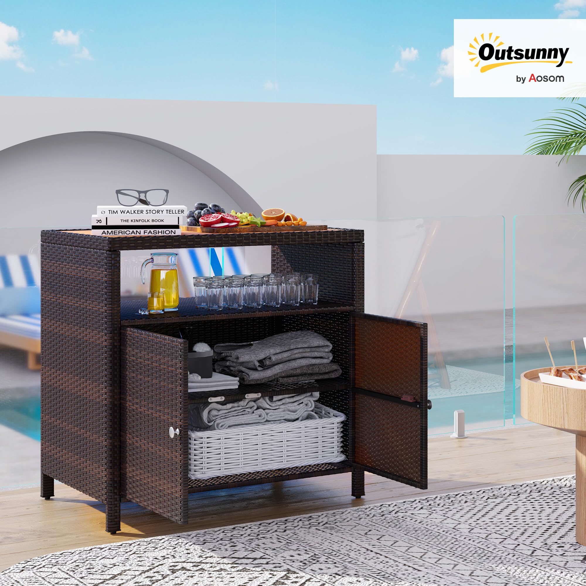 Wicker Outdoor Storage Cabinet with Acacia Wood Countertop