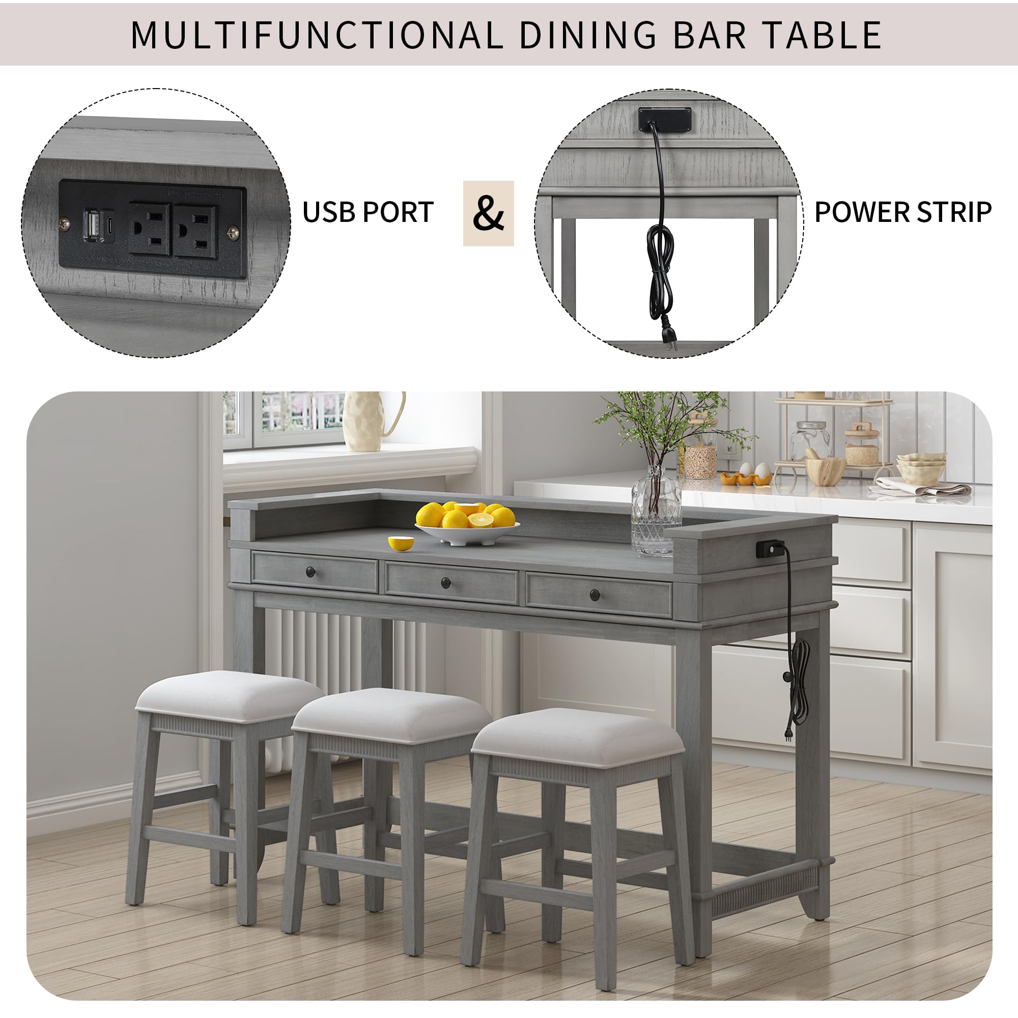 4-Piece Counter Height Dining Set with Charging Station and Storage Drawers