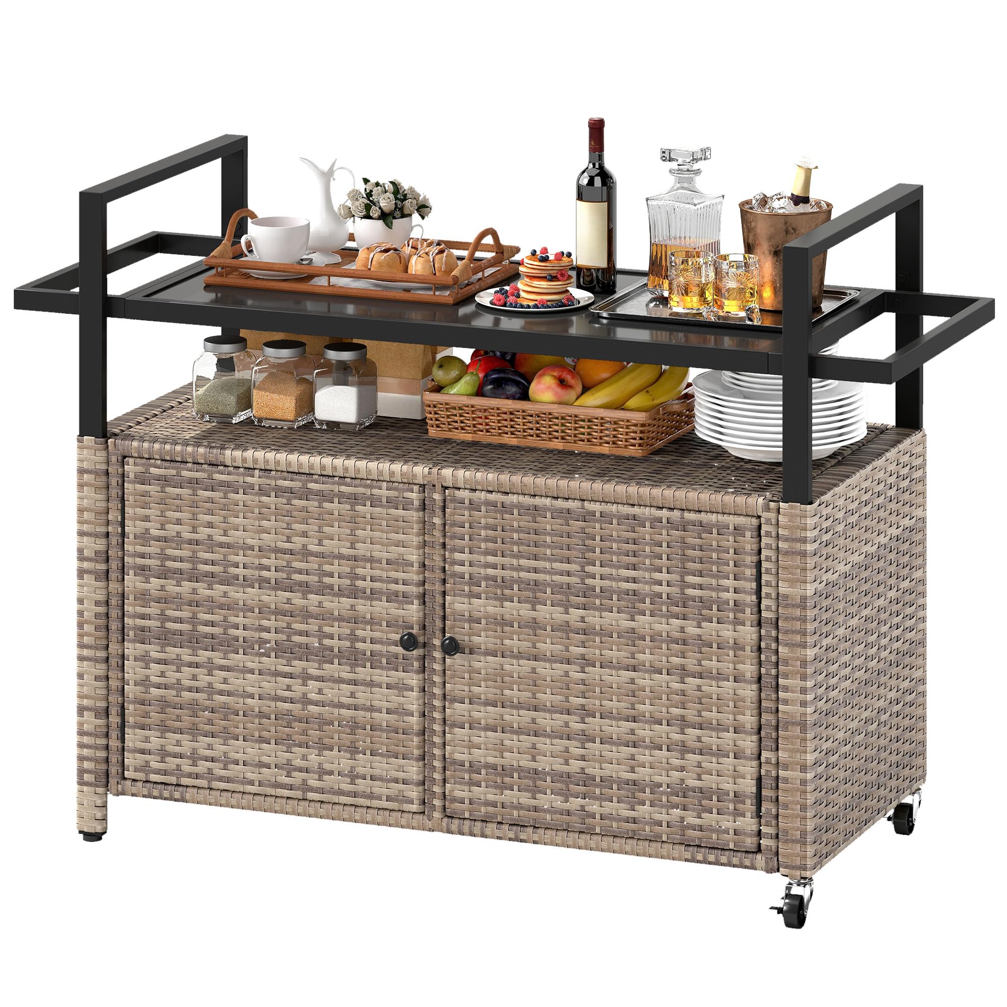 Outdoor Bar Cart with Storage and Glass Top