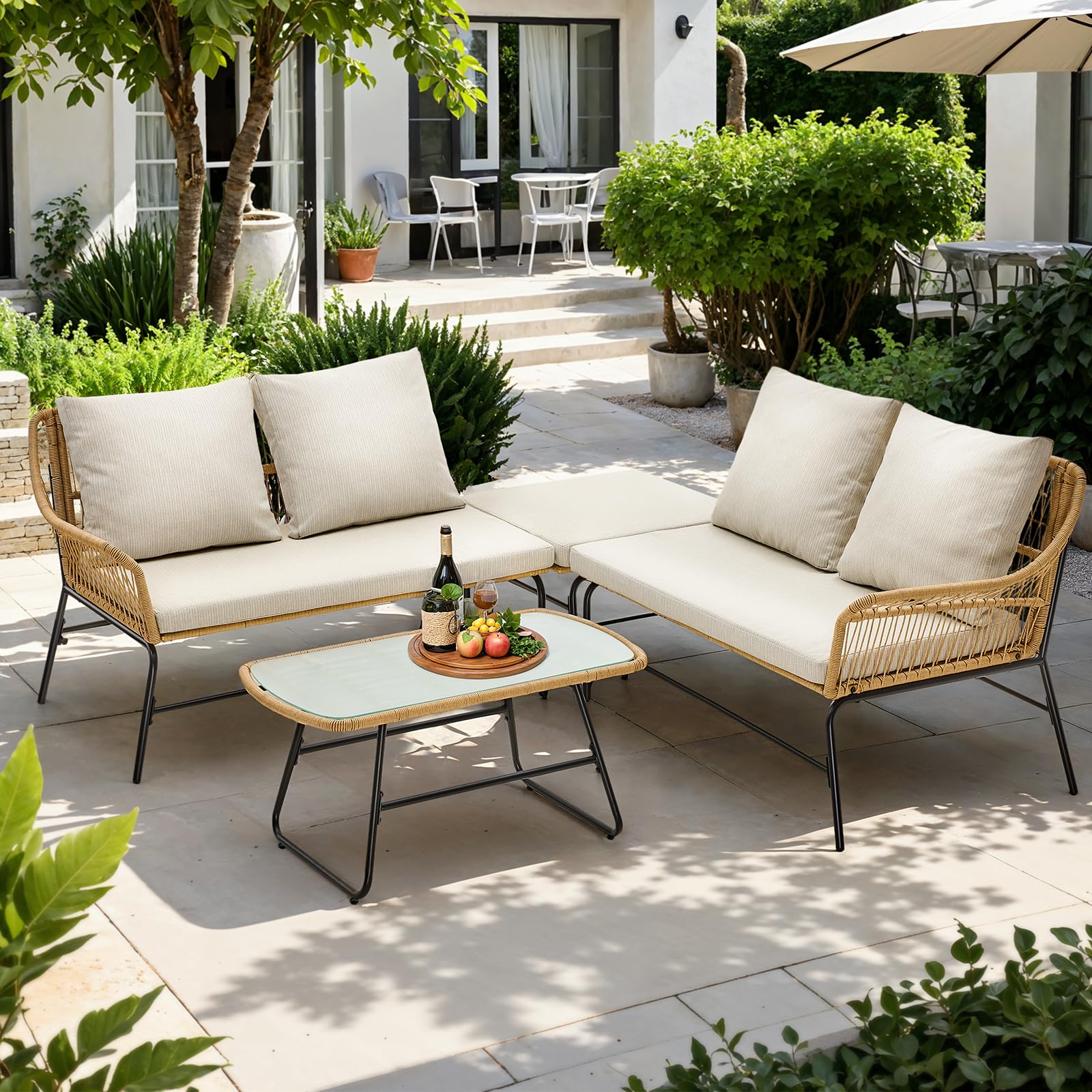 4-Piece Outdoor Sectional Set with Tempered Glass Coffee Table
