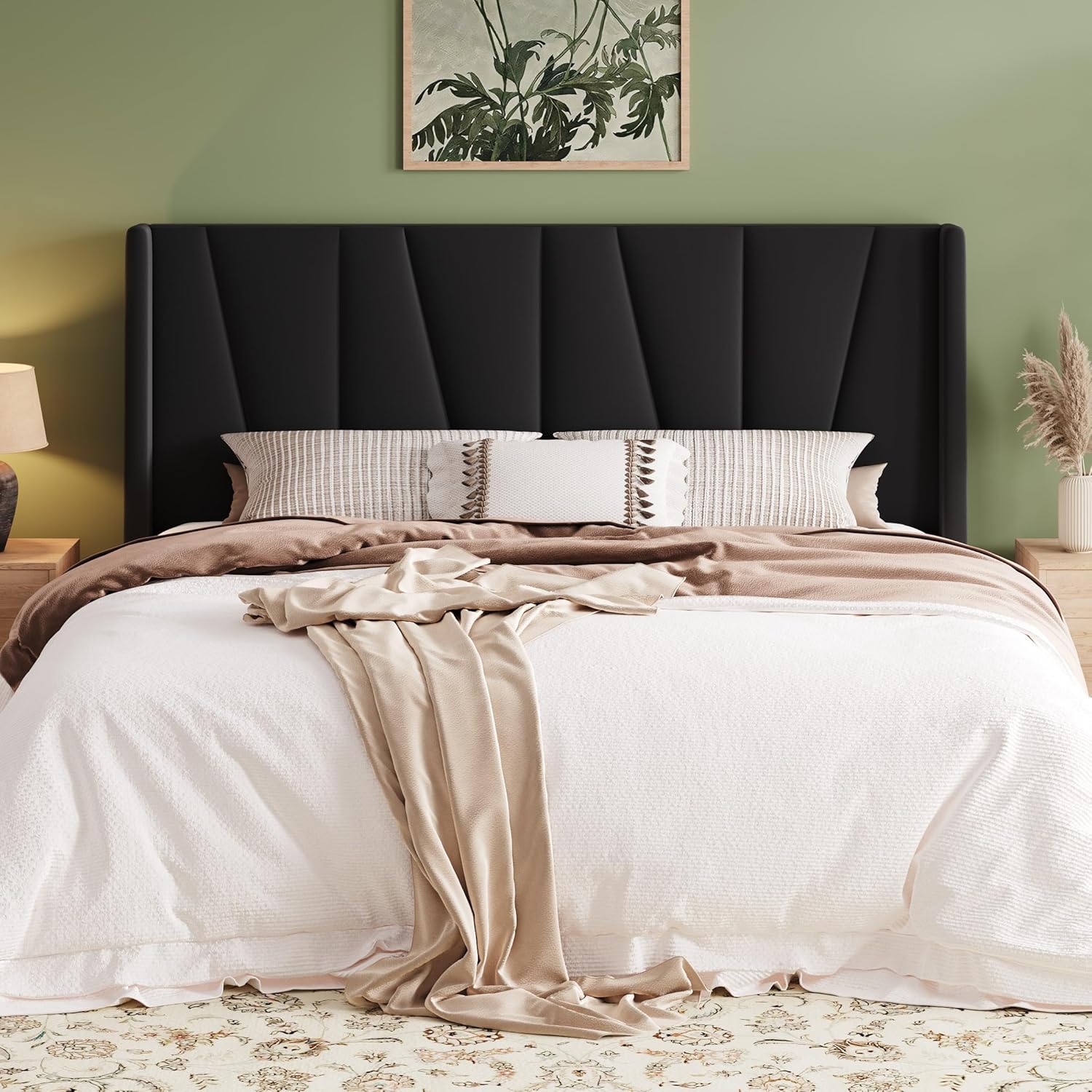 Queen Platform Bed Frame with Geometric Wingback Headboard