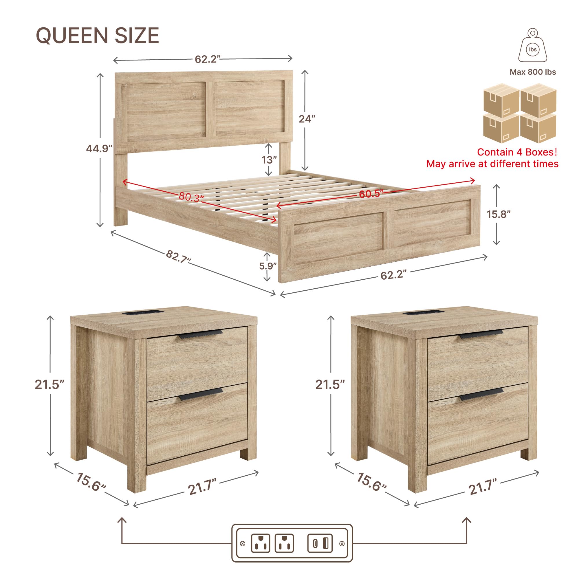 Queen Platform Bed Frame with 2 Nightstands Set