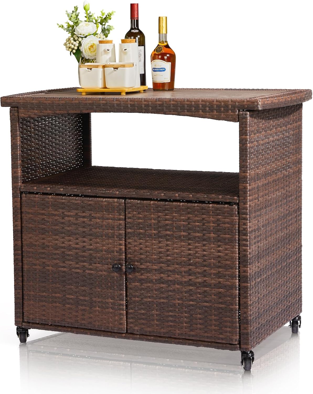 Outdoor Wicker Bar Cart with Storage and Wheels