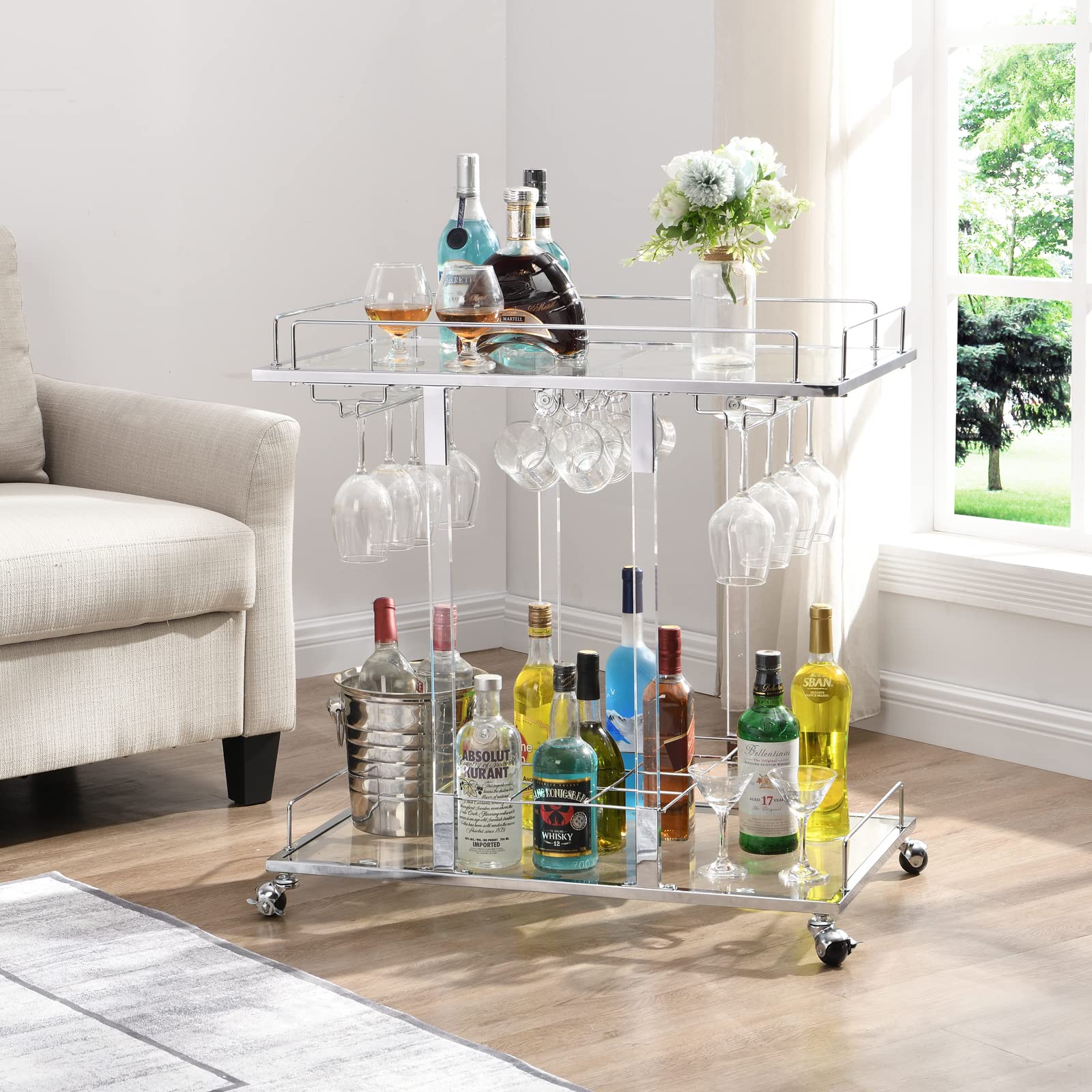 Silver Bar Cart with Wine Rack 2-Tier Acrylic Rolling Cart