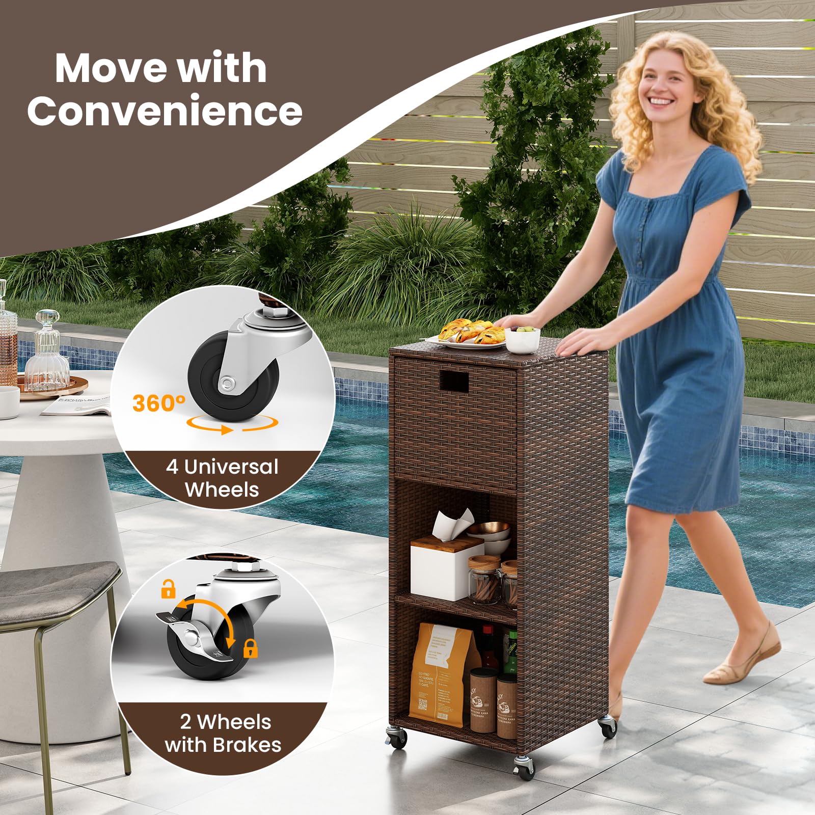 Rattan Outdoor Storage Cabinet with 3 Shelves and Drawer