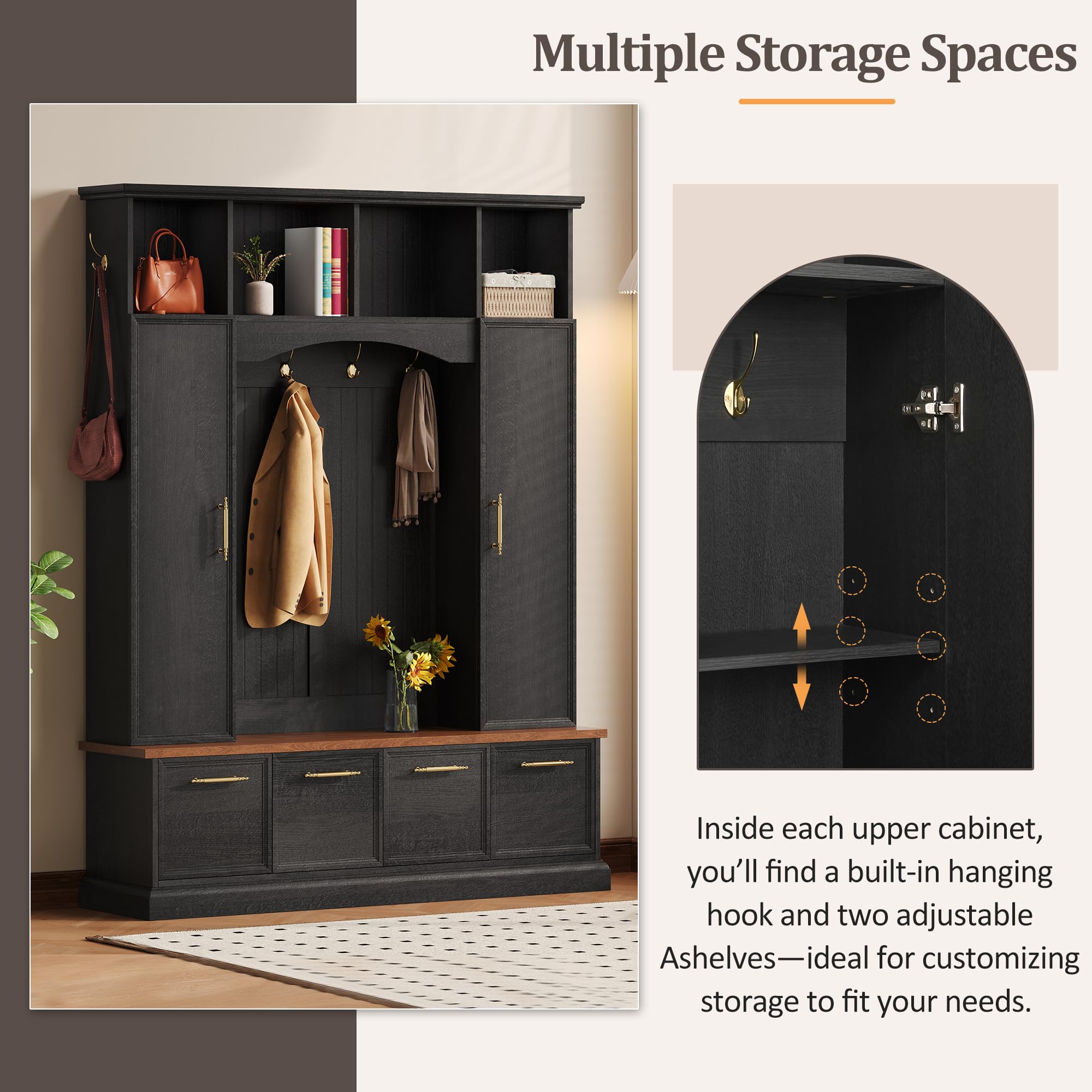 59" Farmhouse Hall Tree with Bench and Shoe Storage