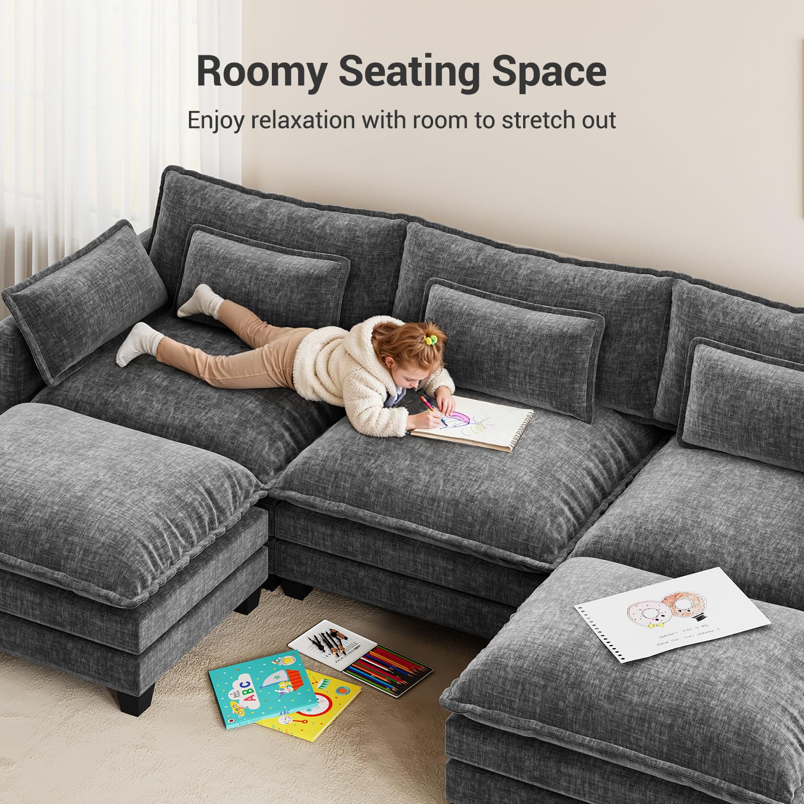 110.6" U-Shaped Modular Sectional Sofa 5-Seat Chenille Cloud Couch Dark Grey