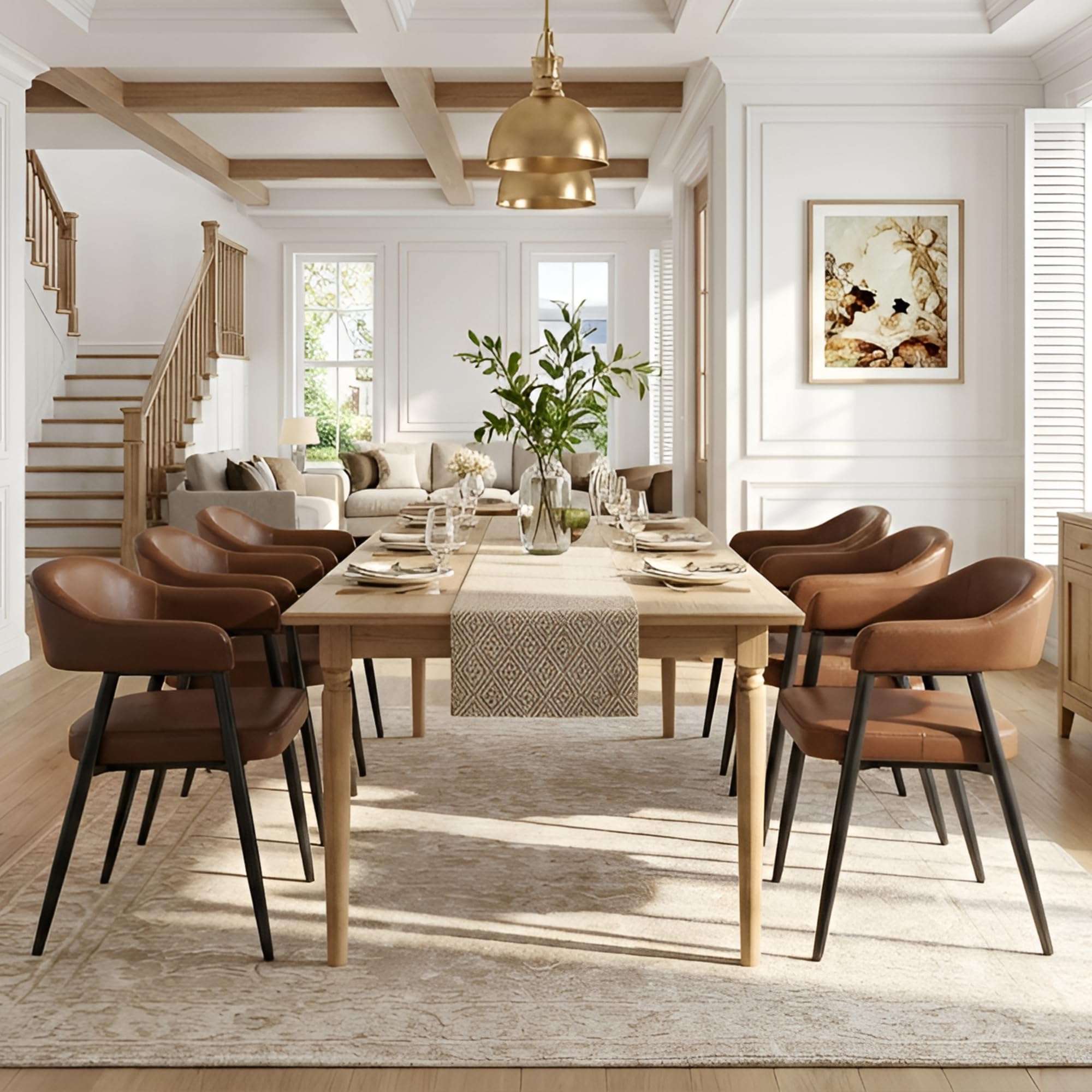 Brown Leather Dining Chairs Set of 4 with Black Metal Legs