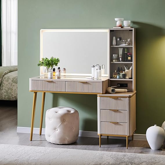 Fluted Makeup Vanity Desk with 36" HD Lighted Mirror