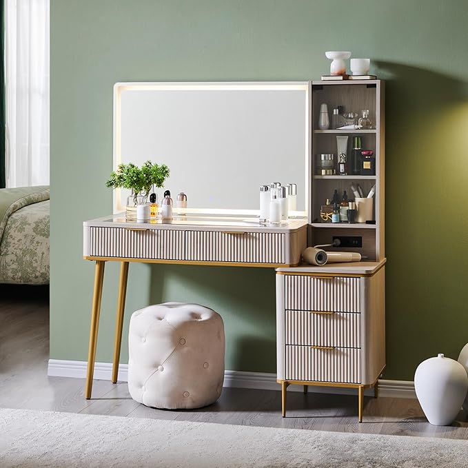Makeup Vanity Desk with Lighted Mirror and 5 Drawers