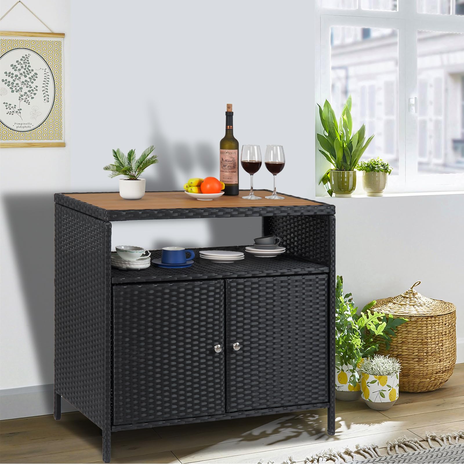 Patio Outdoor Wicker Storage Cabinet with Shelf