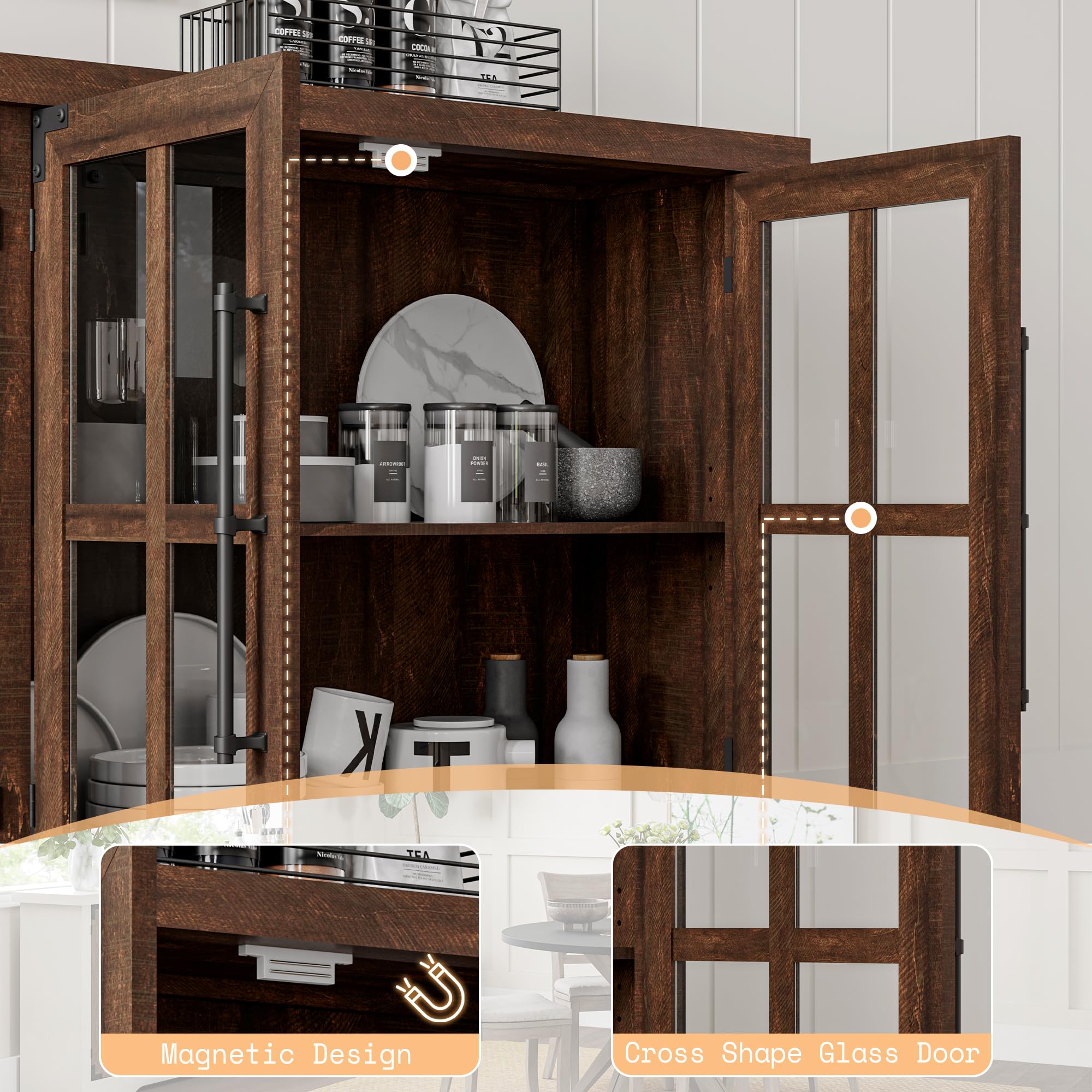 63" Farmhouse Buffet Sideboard Cabinet with Glass Door