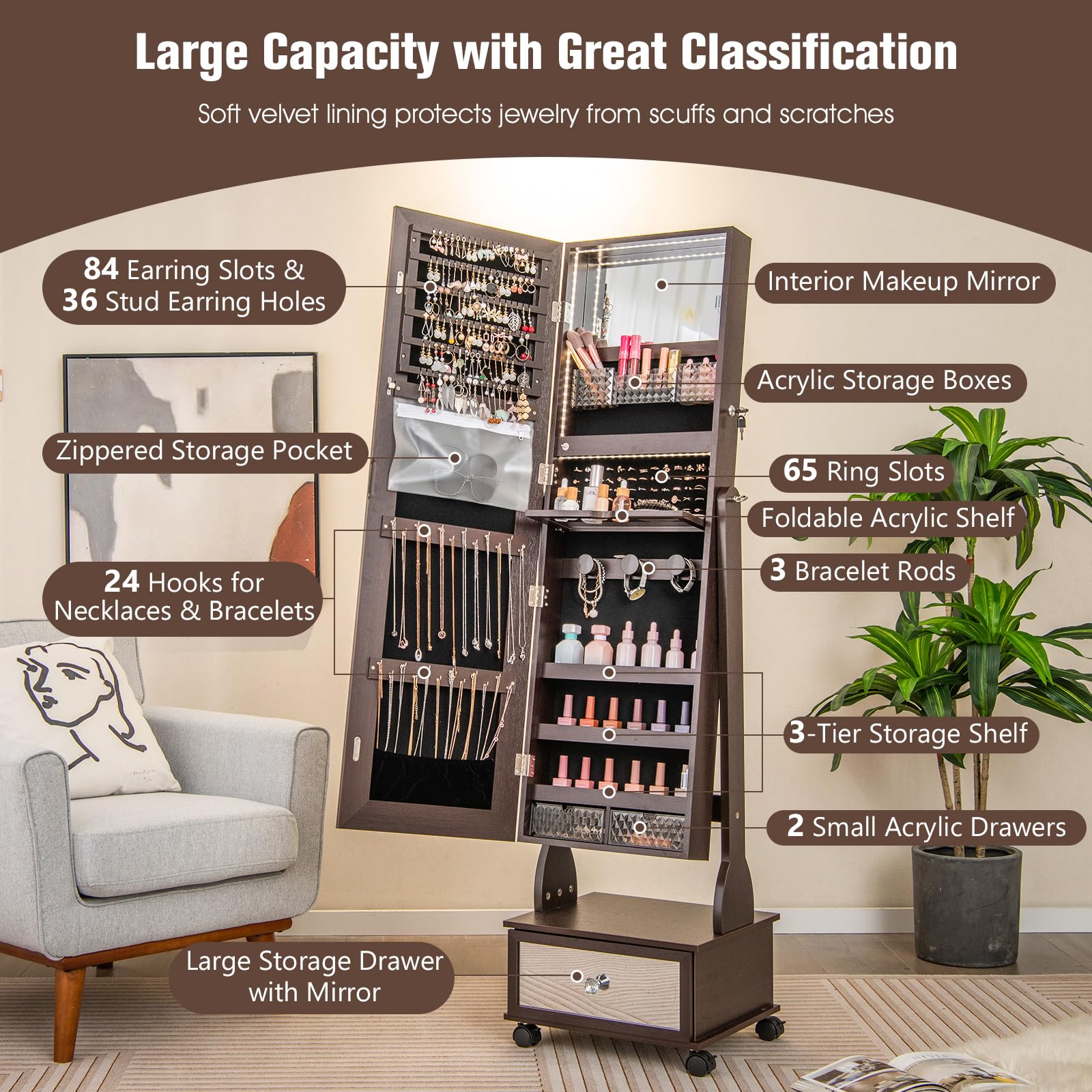 Rolling Jewelry Armoire with Full Length Mirror and LED Lights