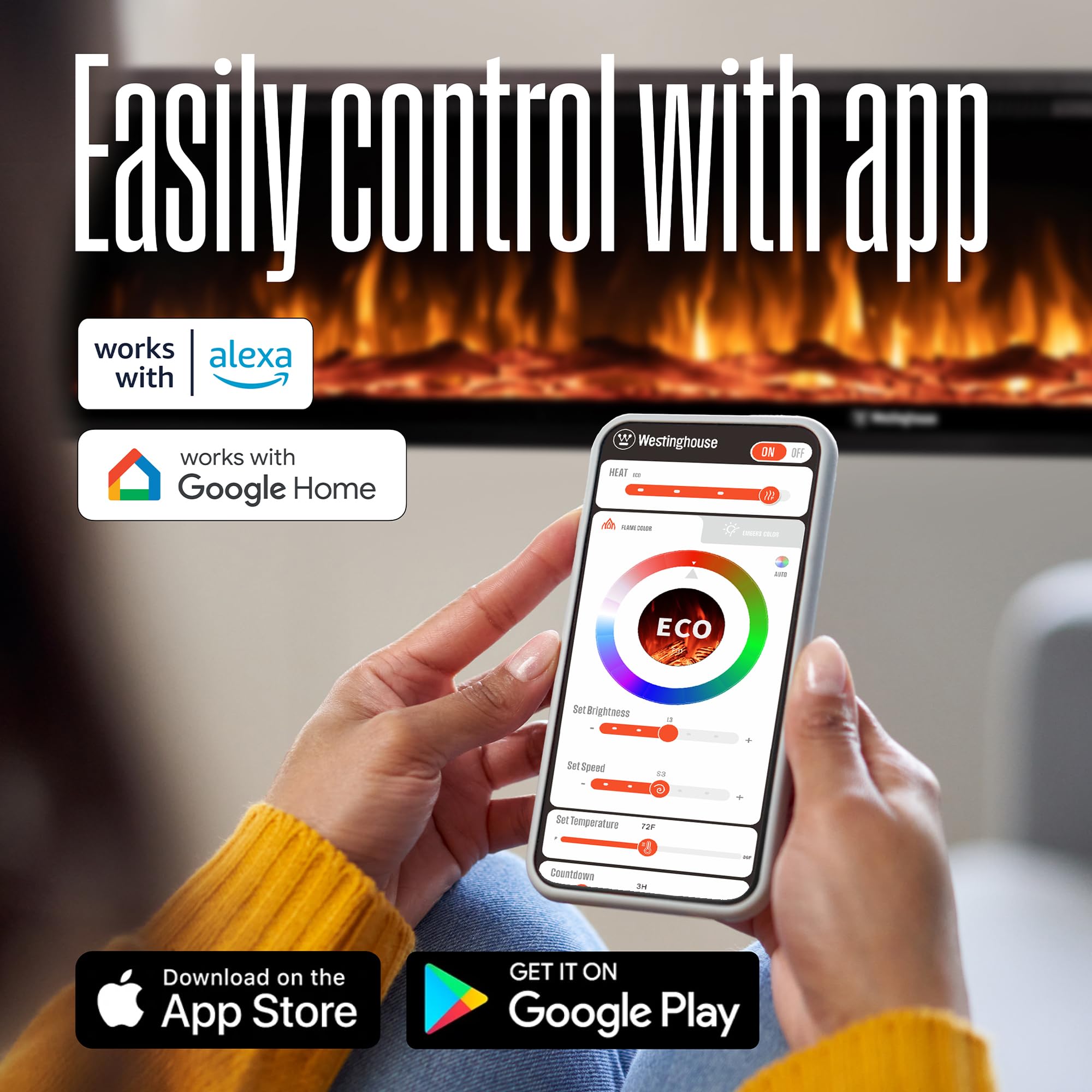 60 Inch Electric Fireplace Heater with Smart Home Control