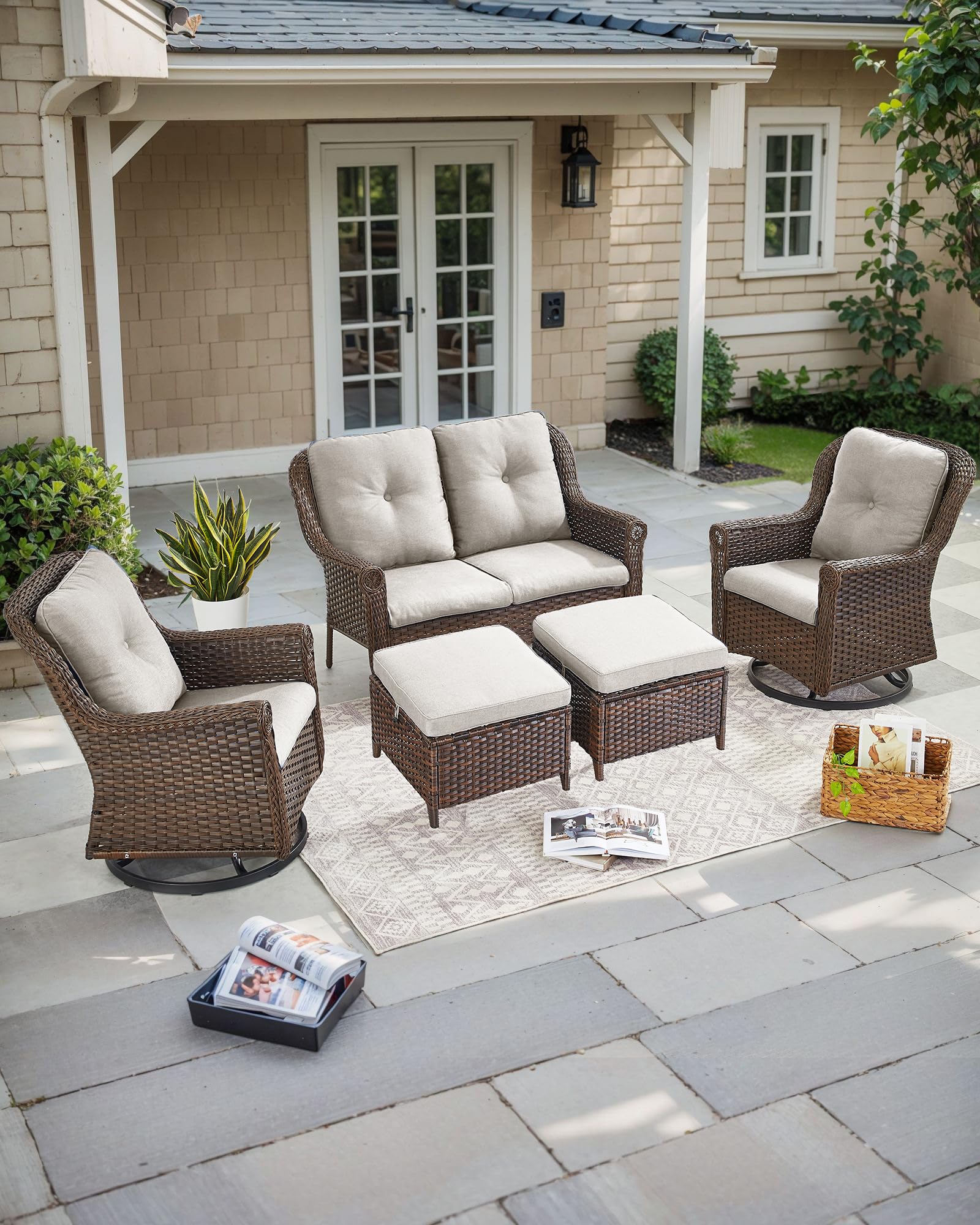 2-Piece Outdoor Wicker Ottoman Side Table Set - Brown Rattan Footrest Bench