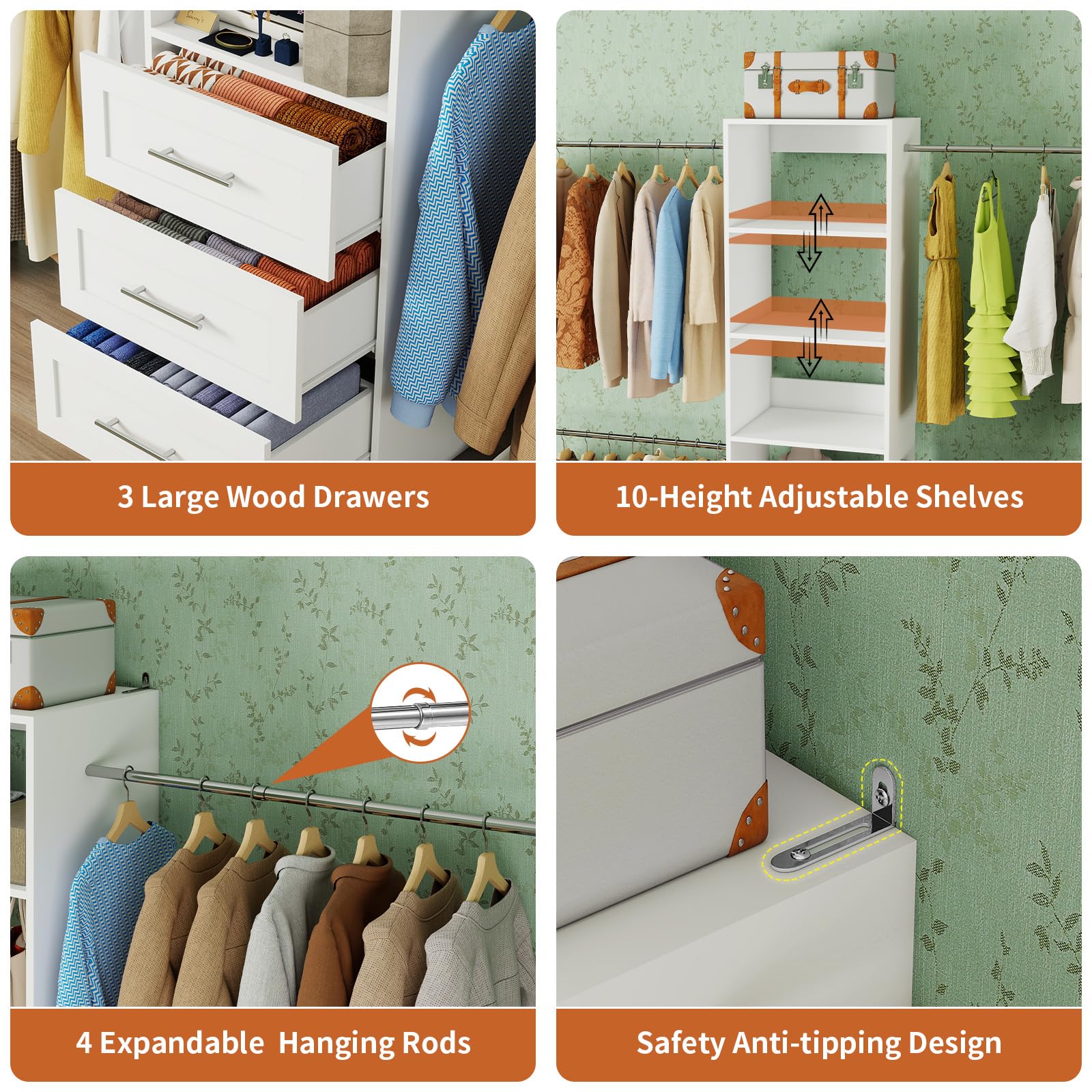 96-Inch Closet Organizer System with Drawers and Adjustable Shelves