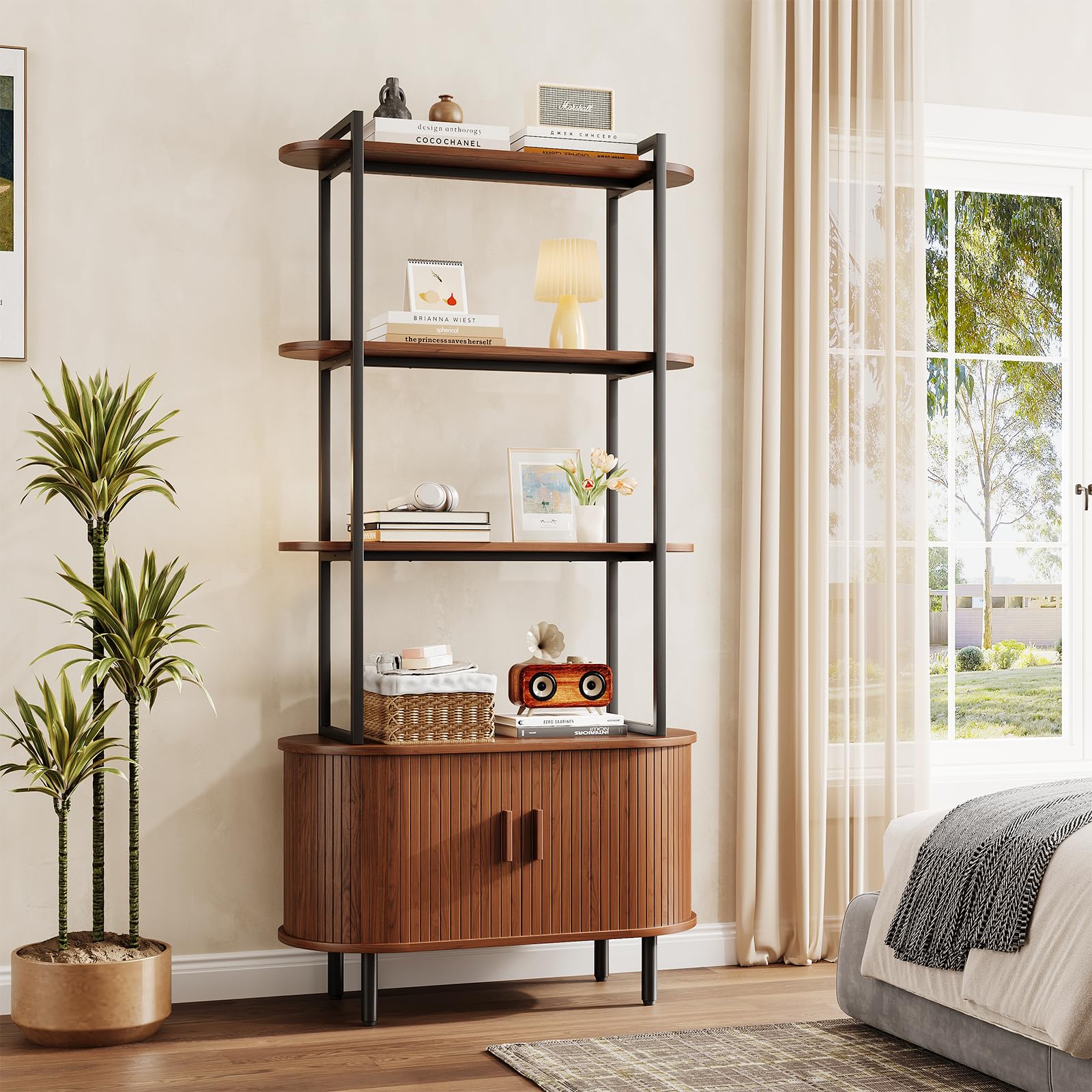 71" Tall Fluted Bookshelf with Sliding Tambour Doors