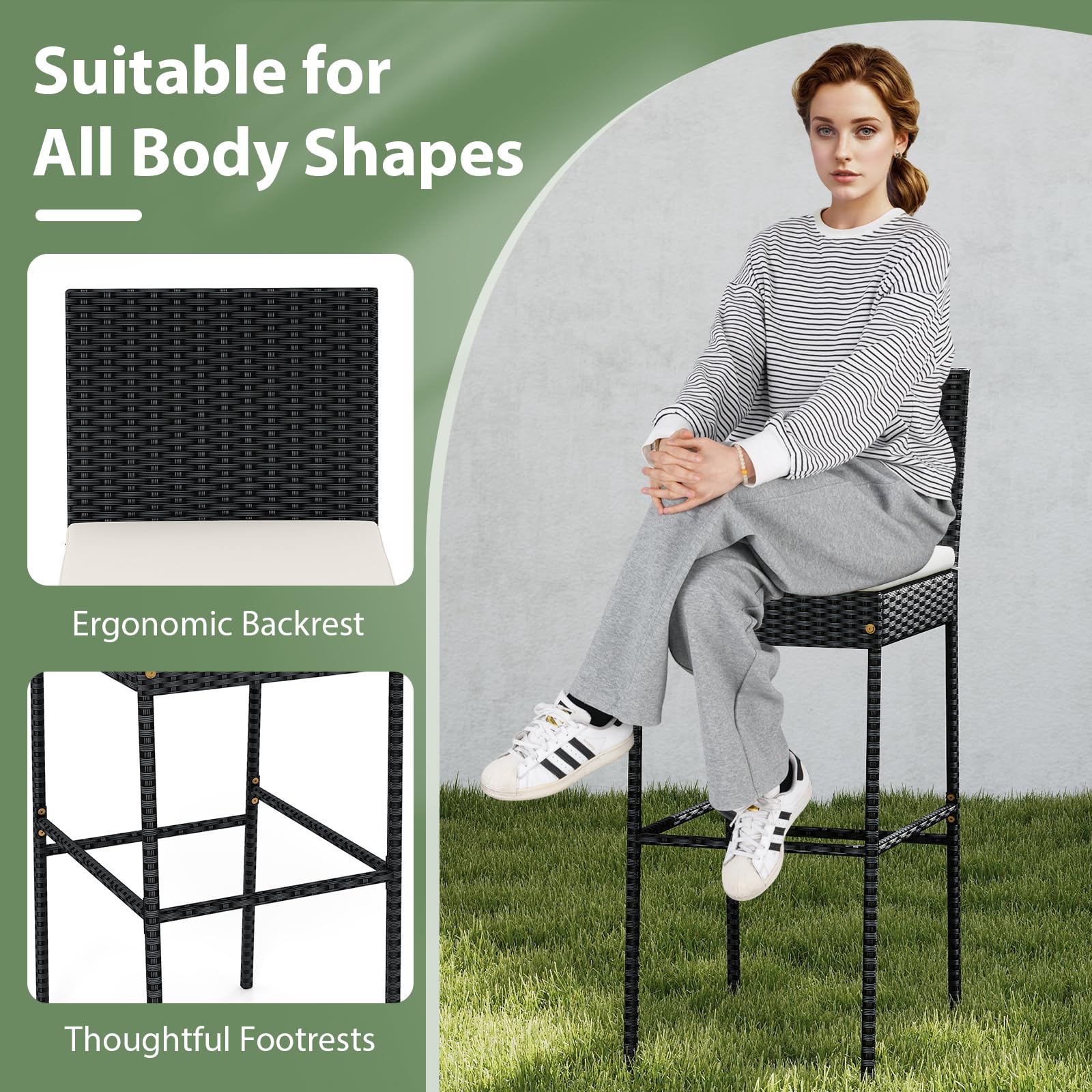 Tangkula Set of 4 Patio Wicker Barstools, Outdoor Bar Height Chair w/Soft Seat Cushion & Cozy Footrest, Heavy-Duty Metal Frame, 400 lbs Max Load, Mix Brown Rattan Bar Chair