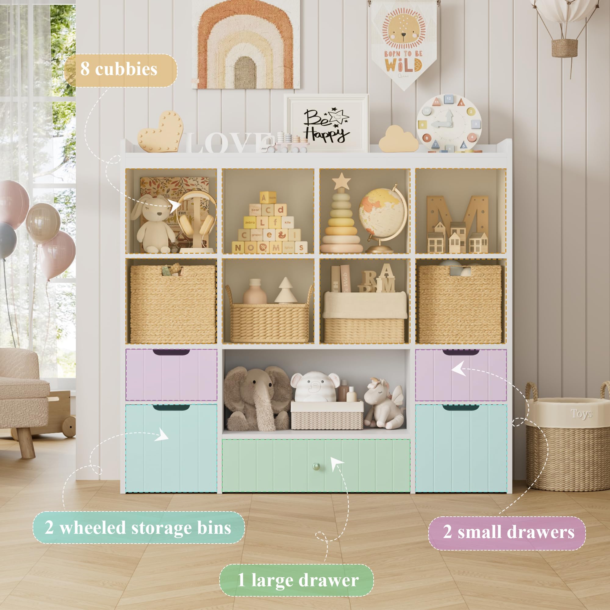 Kids Toy Storage Organizer with Removable Bins and Bookshelf