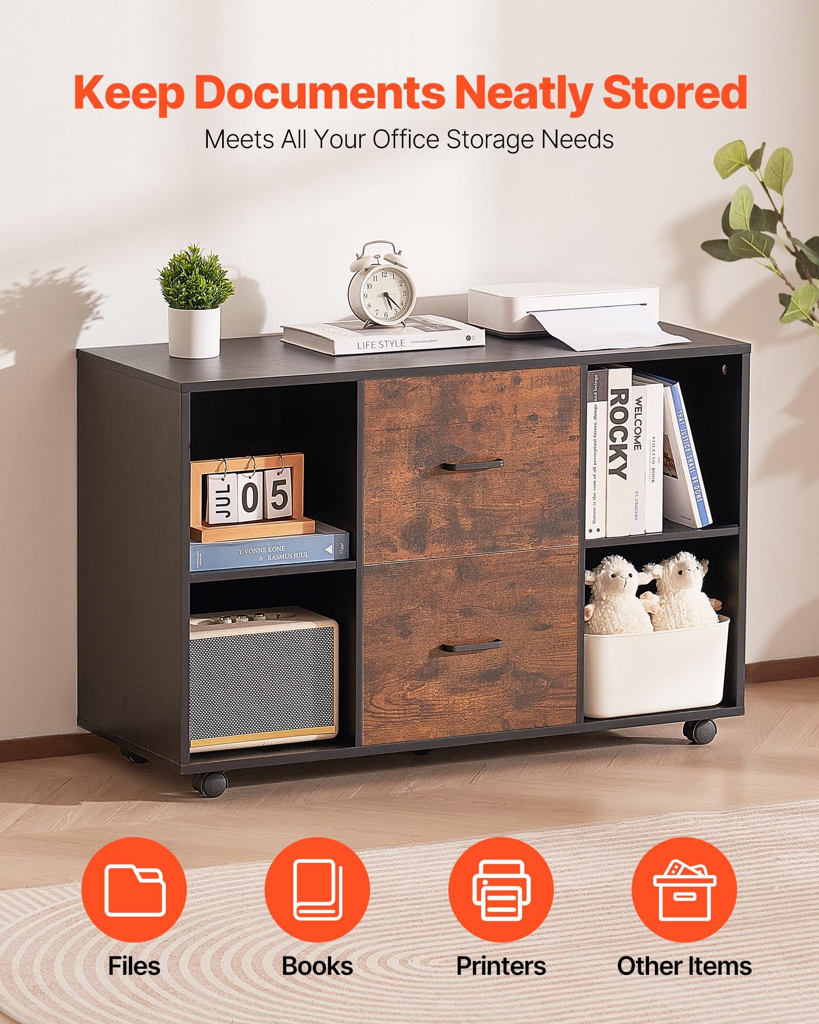 2 Drawer Mobile File Cabinet with Open Shelves