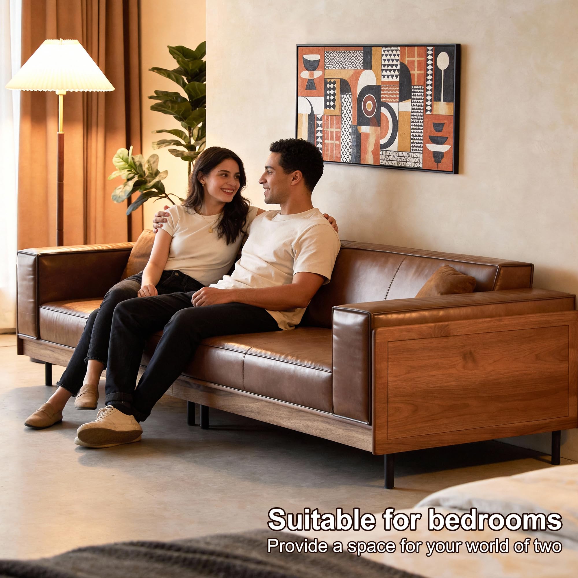 Brown Leather Sofa 3-Seater with Wood Frame