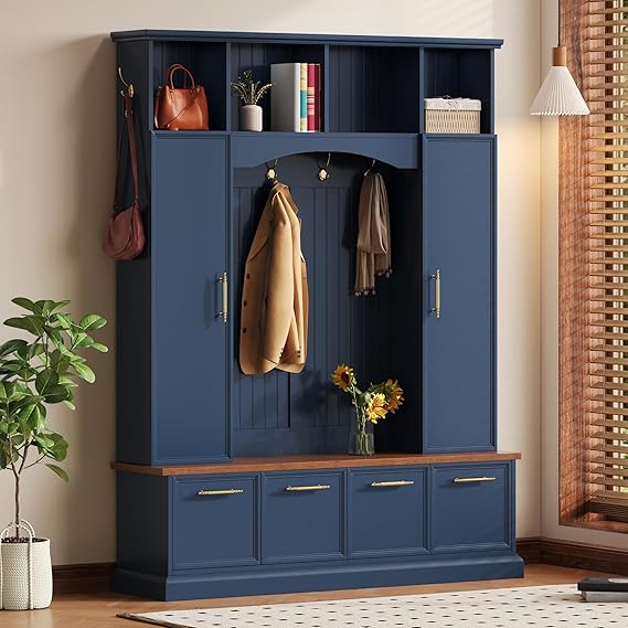 59" Farmhouse Hall Tree with Bench and Shoe Storage