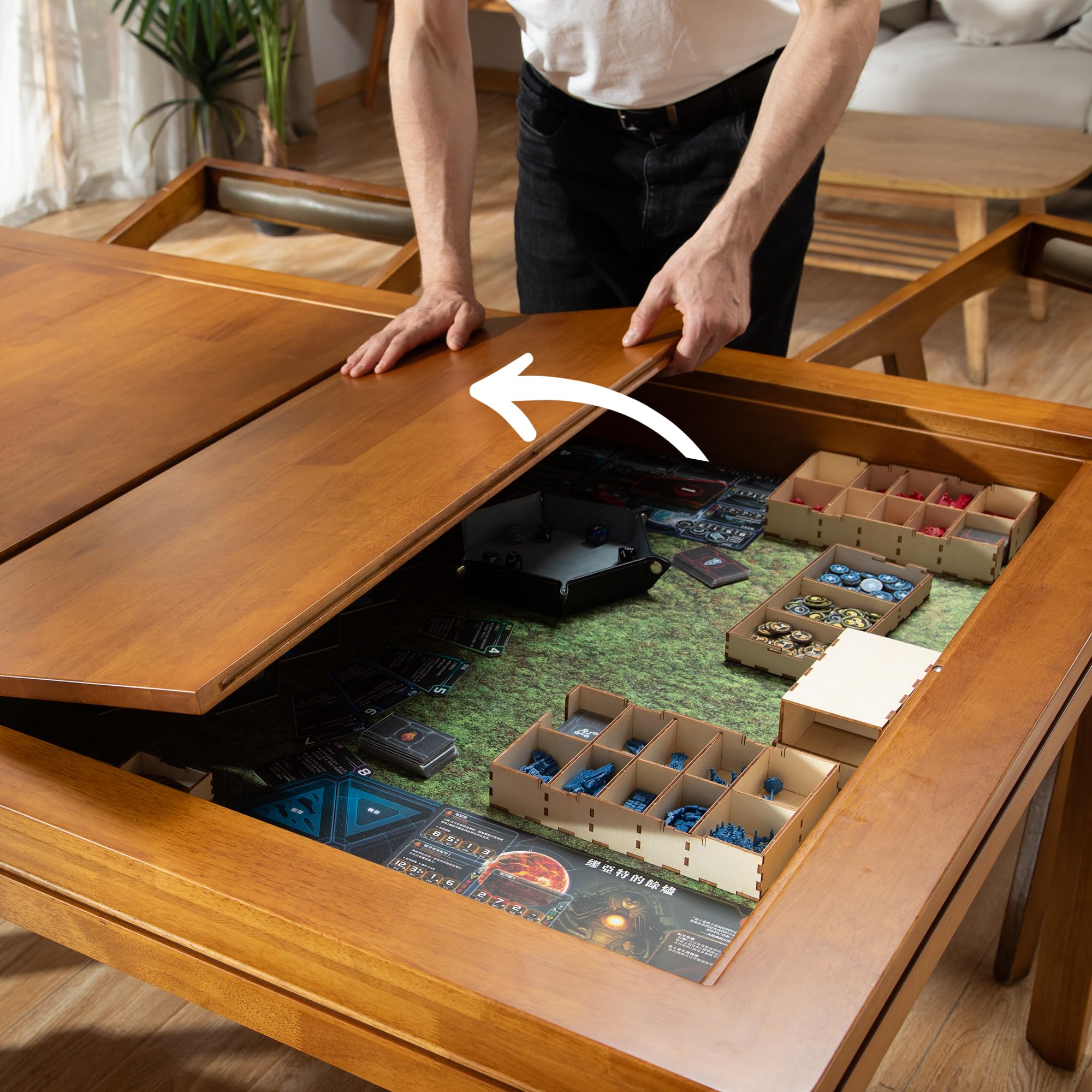 Solid Wood Board Game Coffee Table with Removable Top 3-in-1