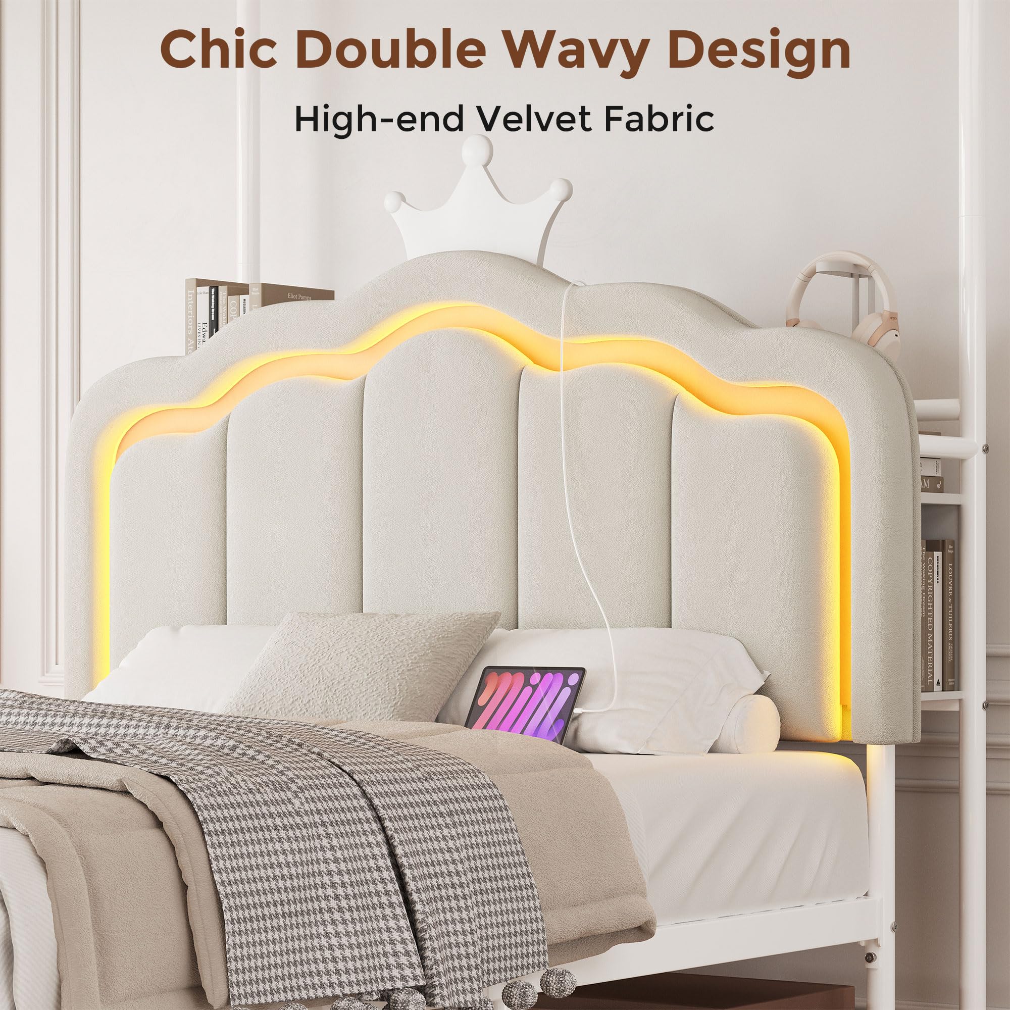 Full Velvet Upholstered LED Canopy Bed Frame with 2 Storage Drawers and Charging Station, Crown Headboard with Bookshelf, Two-Use Princess Platform Bed with 4 Removable Posts,Metal Slats Support-Beige