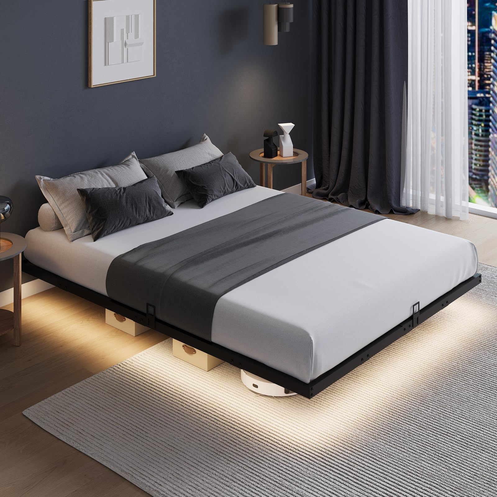 Queen Bed Frame with LED Lights and Floating Design