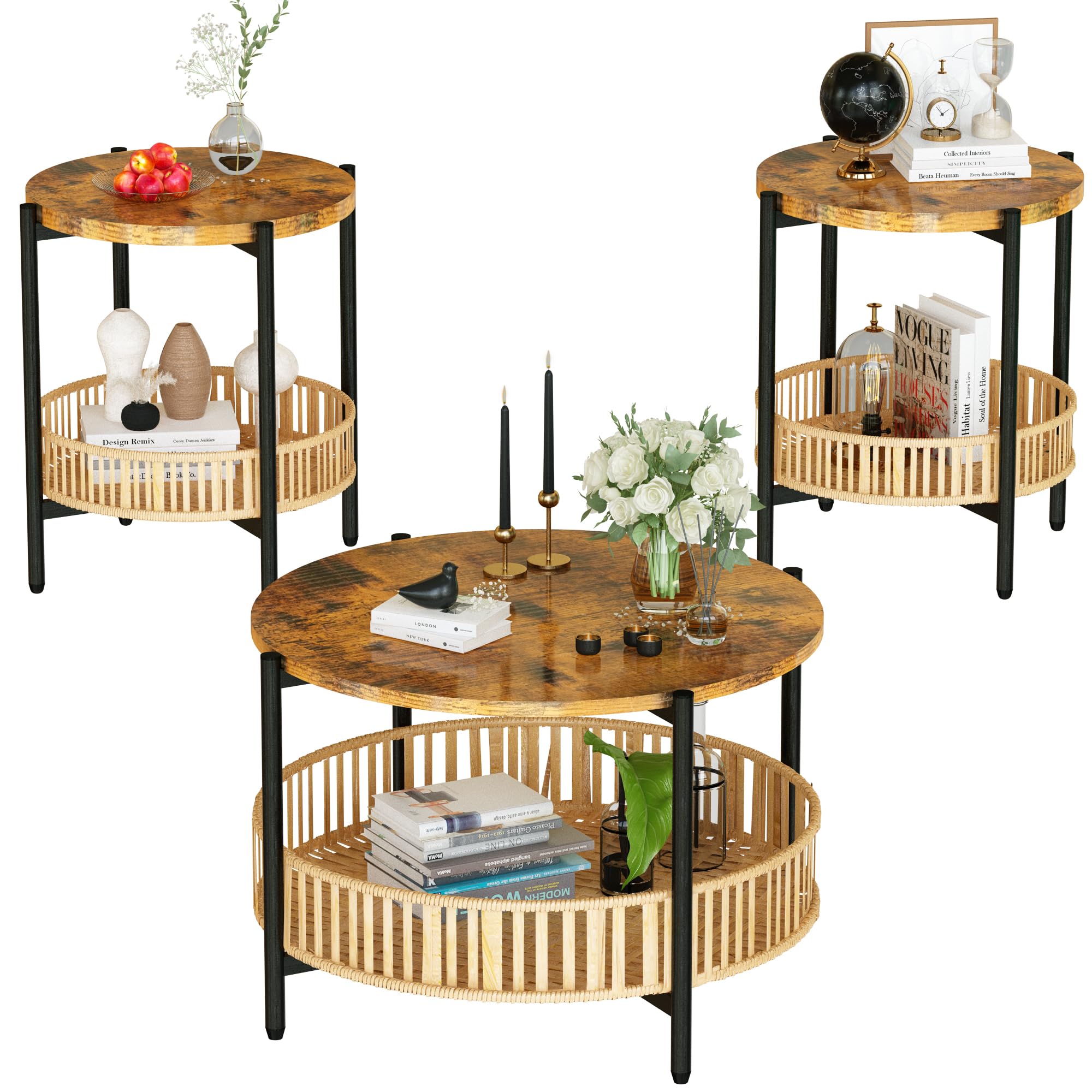 3-Piece Coffee Table Set with Rattan Storage Shelf