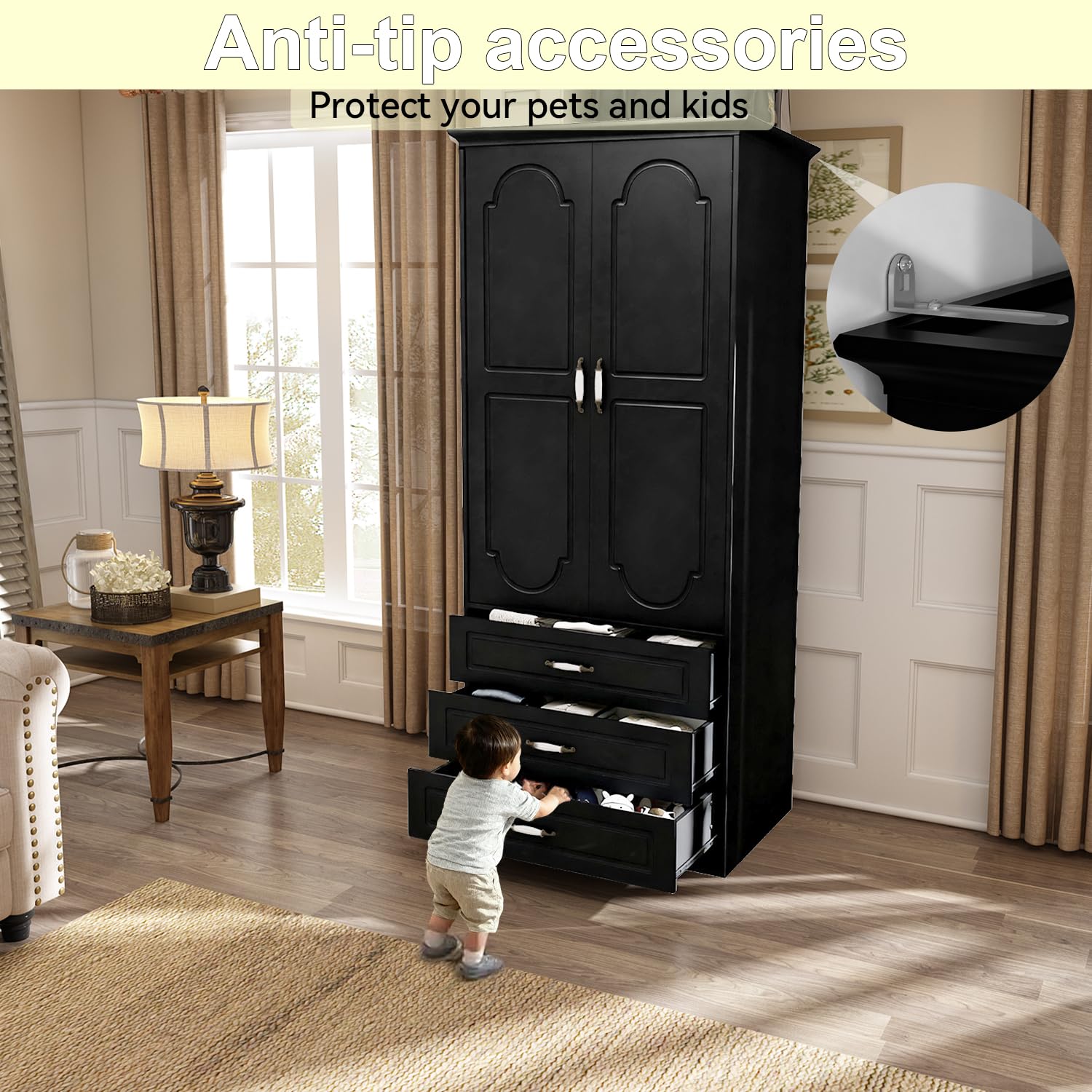 72" Wooden Armoire Wardrobe Closet with 3 Drawers and LED Light
