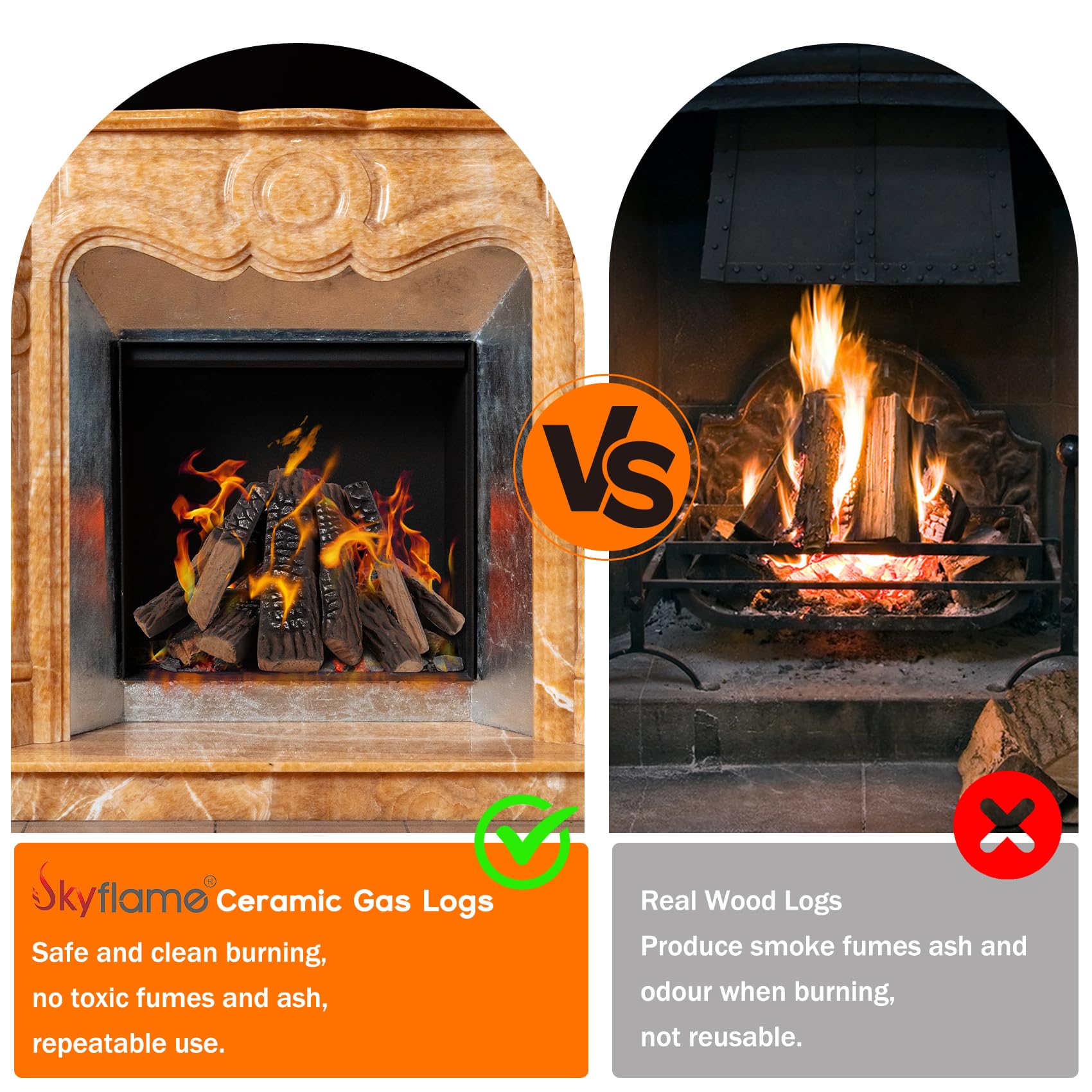 Large Ceramic Gas Fireplace Logs - 10 Piece Set