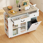 Rolling Kitchen Island with Trash Can Storage and Power Outlets