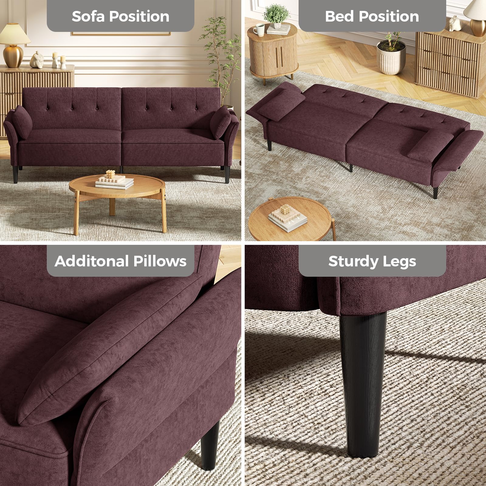 Convertible Futon Sofa Bed with Adjustable Backrest and Armrests