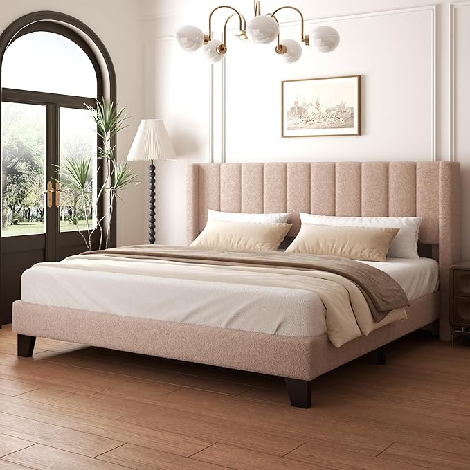 King Upholstered Platform Bed Frame with Teddy Velvet Headboard