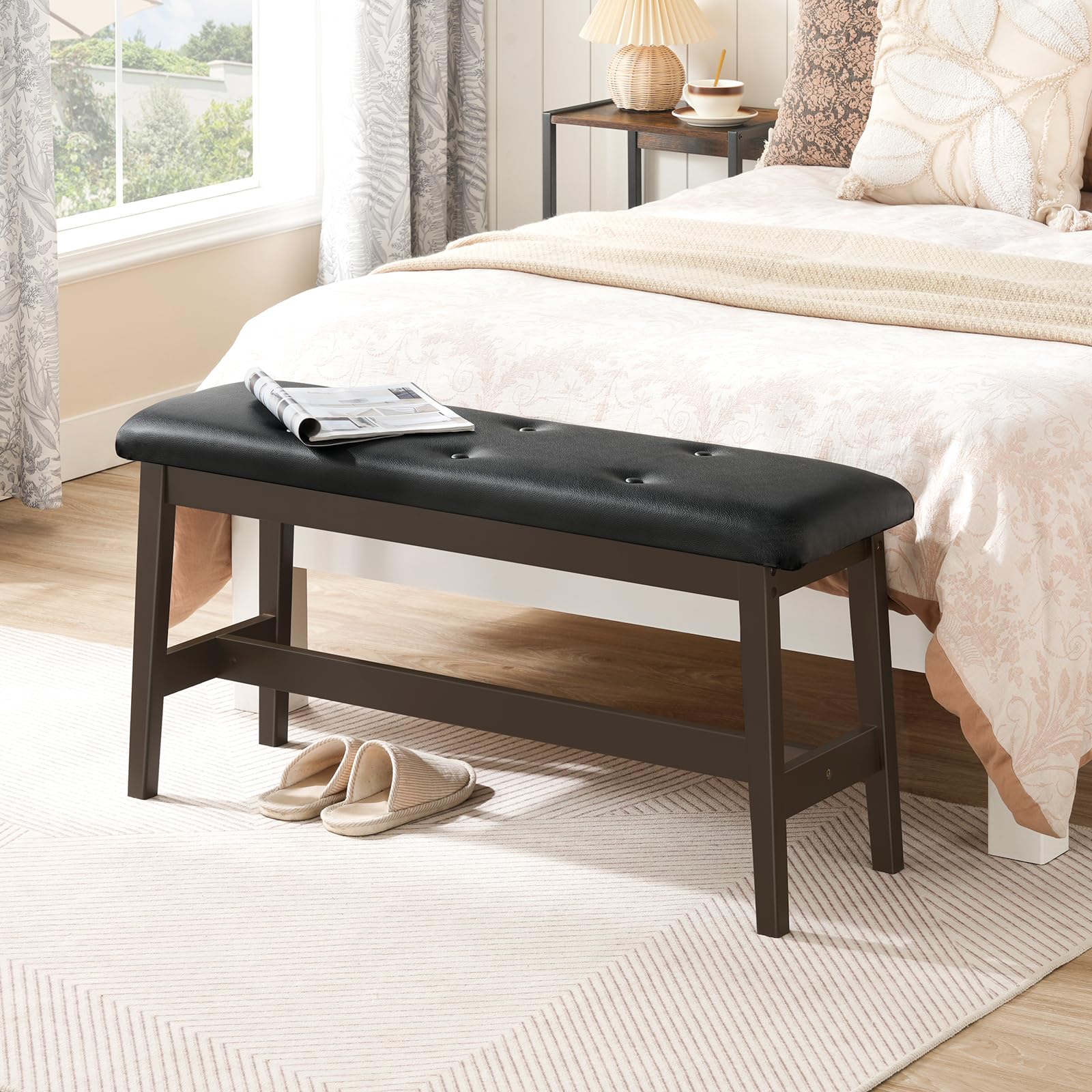 Bamboo Dining Bench with PU Leather Upholstered Seat