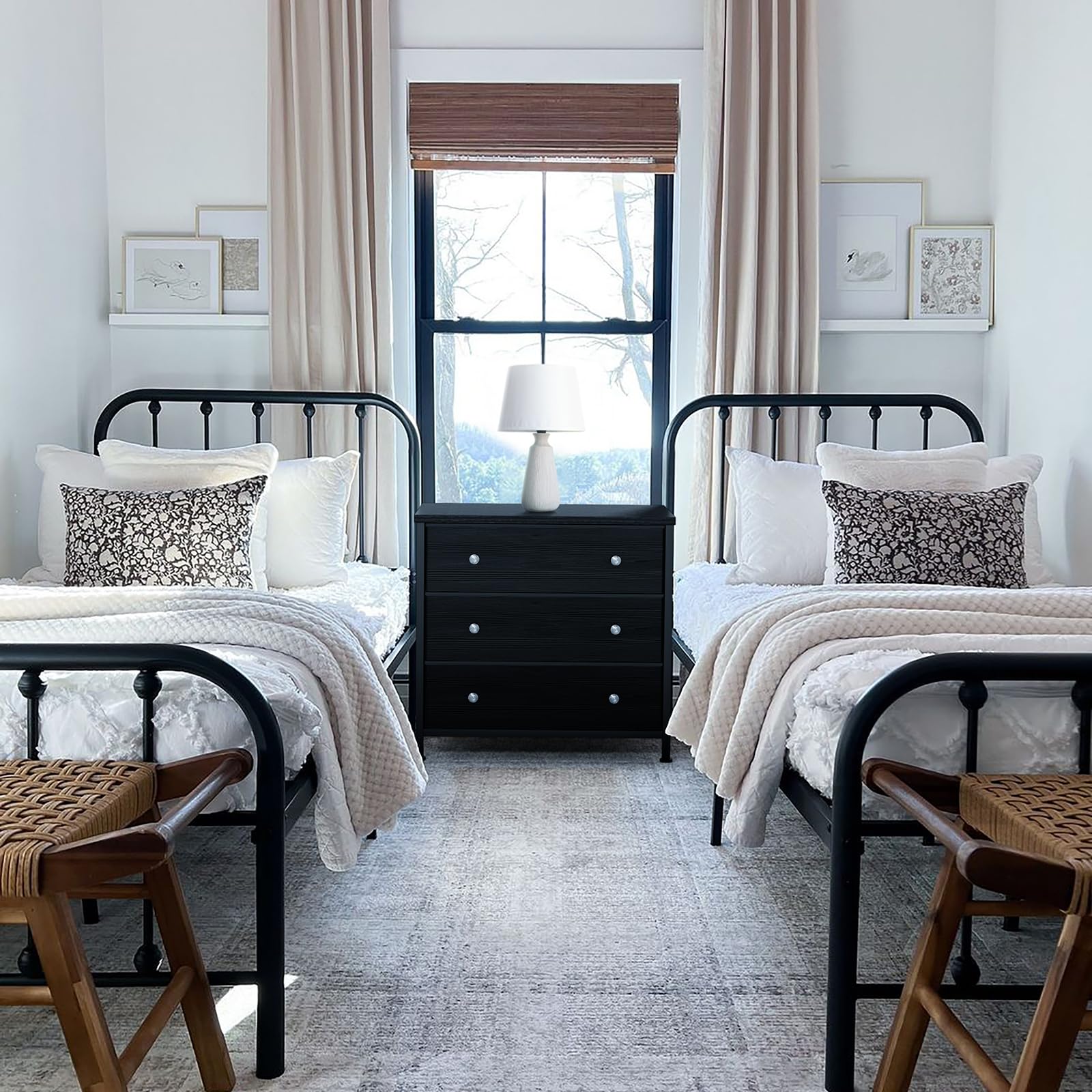 Black Nightstand with Fabric Drawers - 3 Drawer Dresser