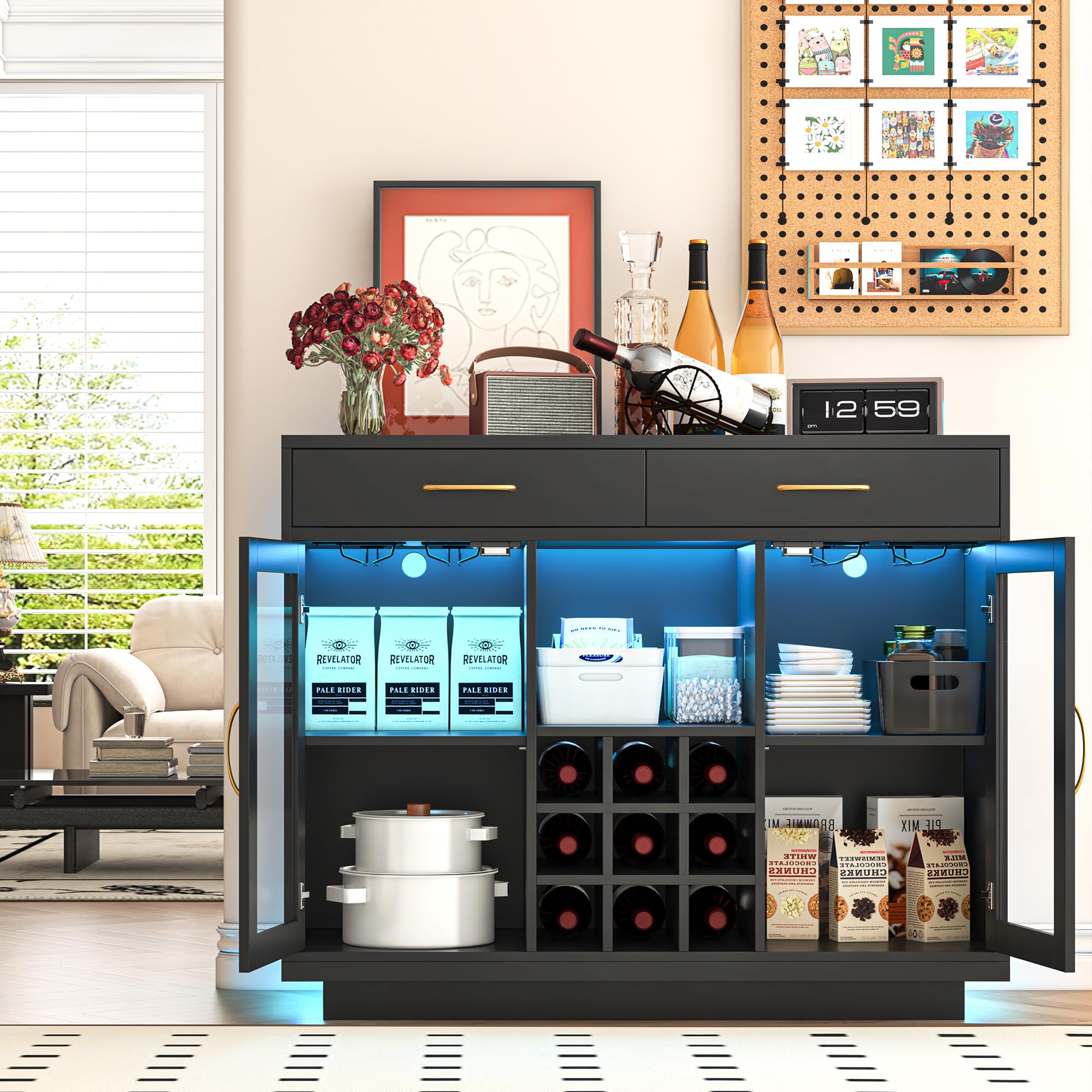 Wine Bar Cabinet with LED Lights and Glass Rack