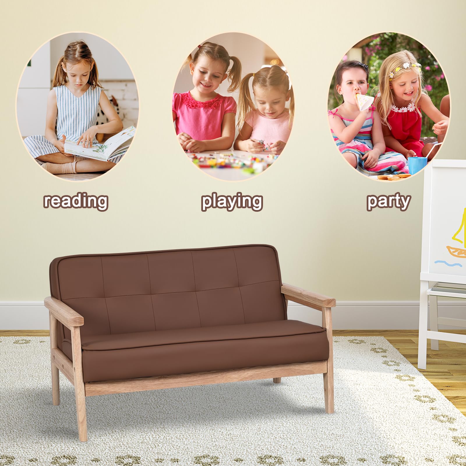 Yoonnie room Double Seater Kid Sofa Chair, Kid Couch with Solid Wood Armrest and PU Leather for Kids Rest (Brown)